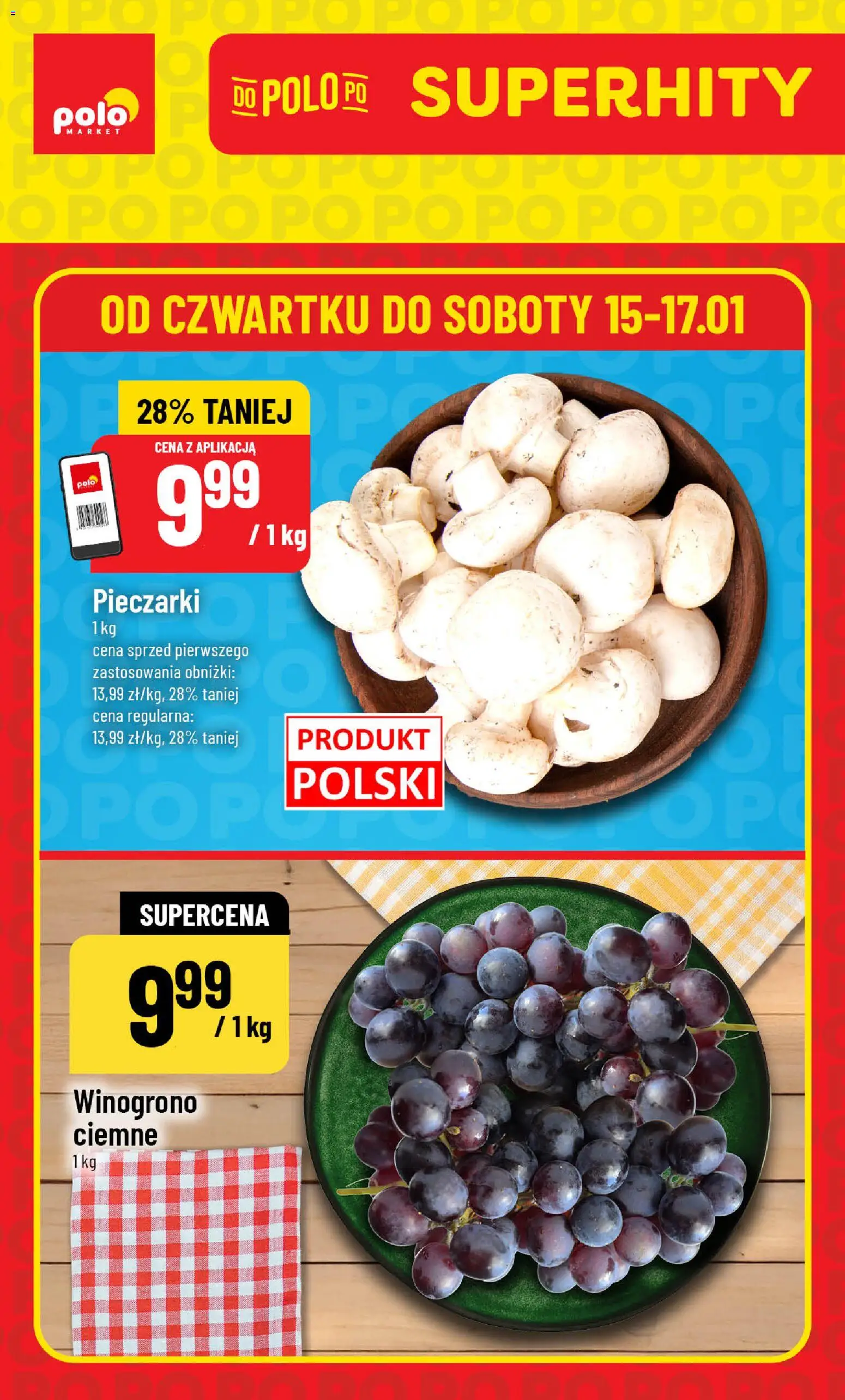 Pogląd gazetki "Super Hity" ze sklepu POLOmarket ważnej od 15.01.2026 - Pieczarki, Winogrono