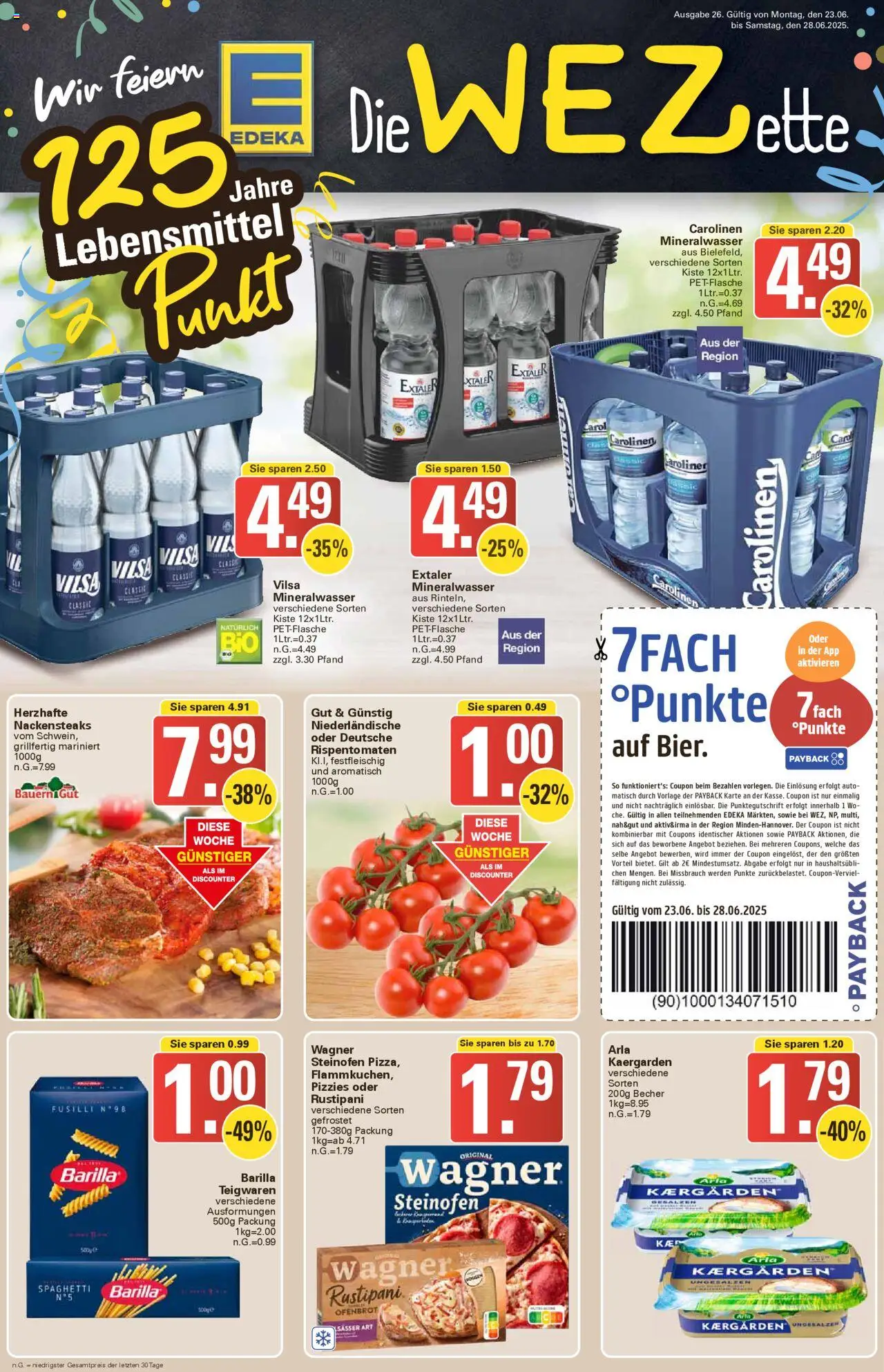 WEZ Prospekt (vom 23.06.2025 - 28.06.2025) - Pizza, Pasta, Steak, Spaghetti, Mineralwasser, Barilla, Nackensteaks