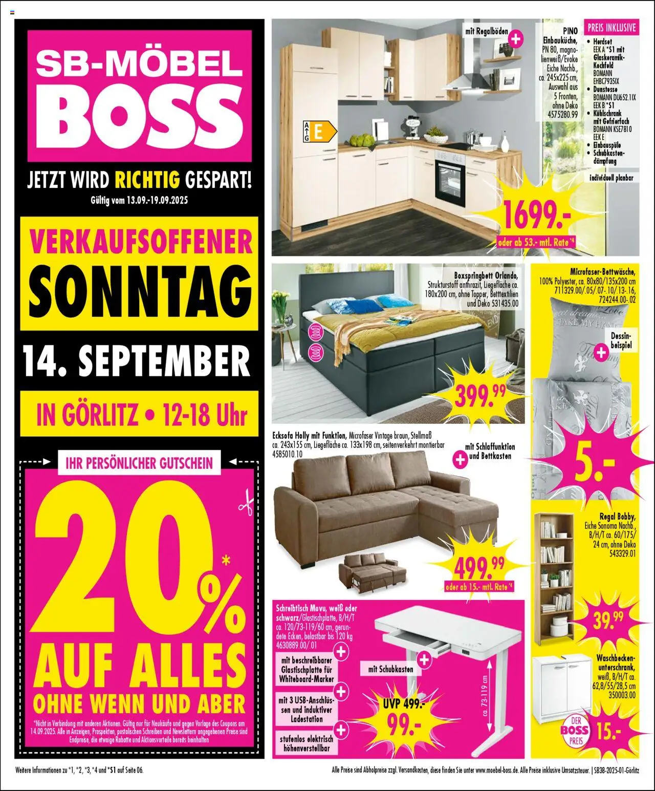 SB Möbel Boss Prospekt Görlitz (vom 13.09.2025 - 19.09.2025) - Uhr, Kühlschrank, Boxspringbett, Waschbecken, Ecksofa, Regal, Kochfeld