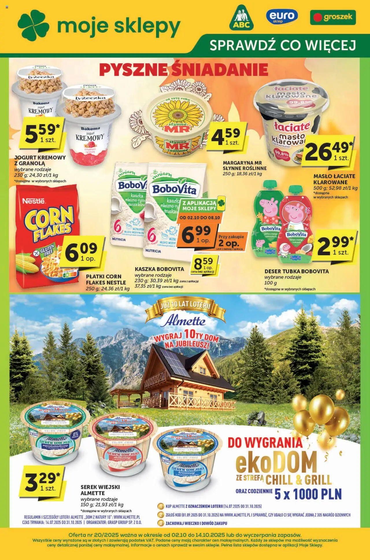 Euro Sklep Sprawdź, co więcej od 02.10.2025 - Nowa Gazetka - Numer strony 1 - Masło, Groszek, Grill, Mleko, Granola, Serek wiejski, Almette, Owoce leśne