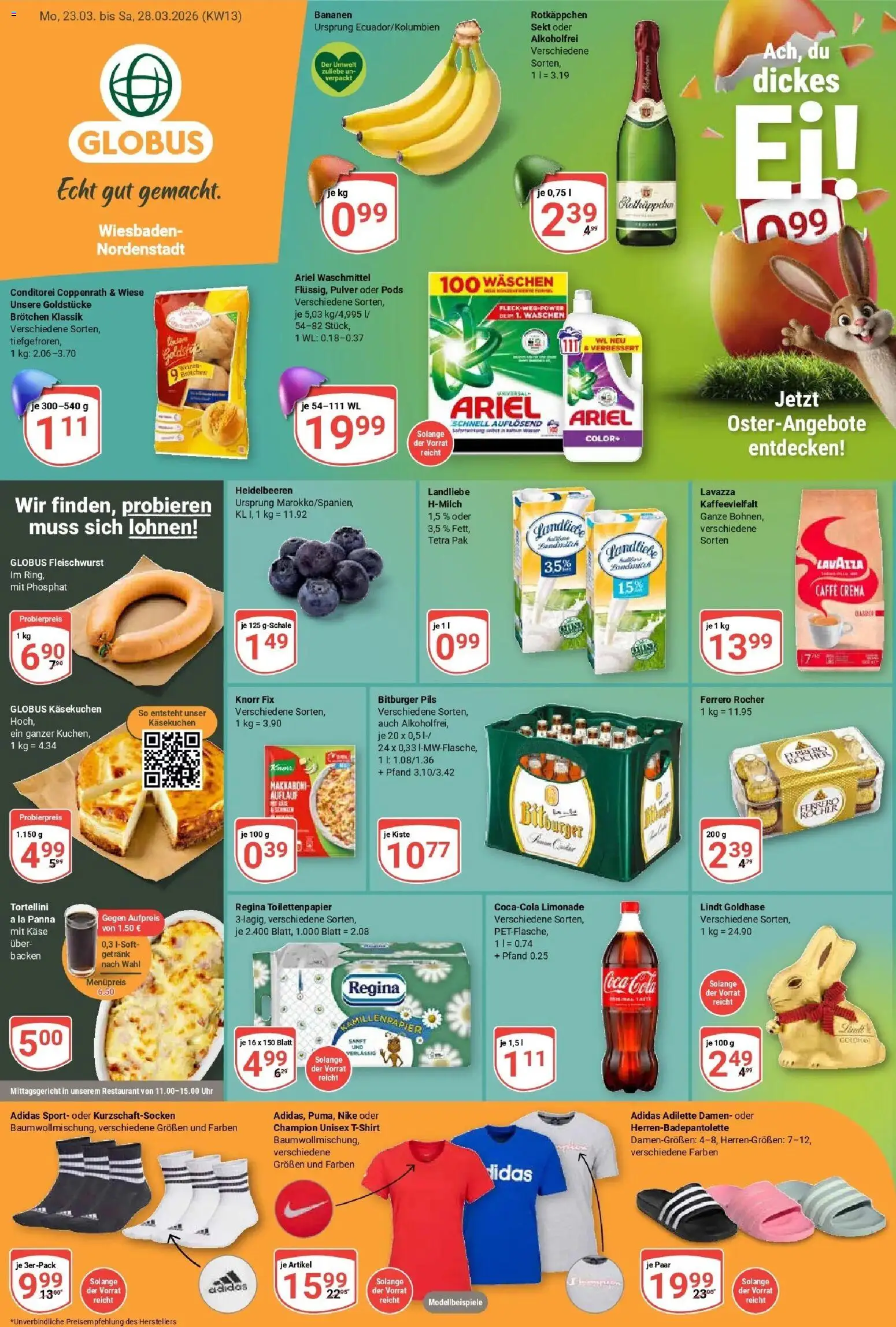 Vorschau von dem Prospekt des Geschäftes Globus, gültig ab dem 23.03.2026 - Lindt, Cola, Bananen, Toilettenpapier, Lavazza, Sekt, Bitburger, Knorr fix