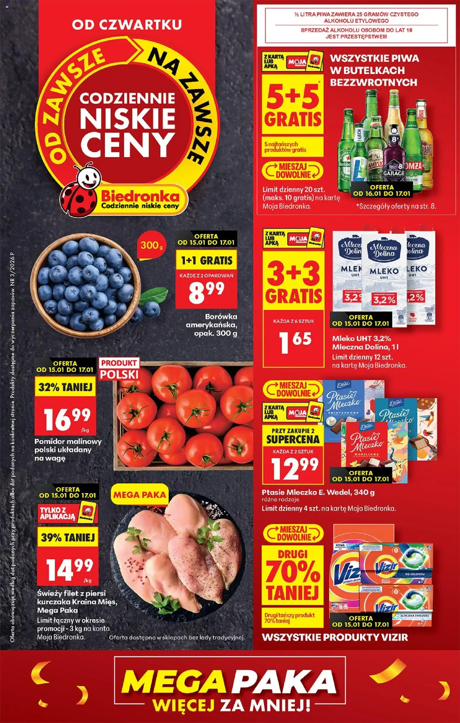 Pogląd gazetki "W tym tygodniu" ze sklepu Biedronka ważnej od 15.01.2026 - Pomidor, Ptasie mleczko, Piersi, Karta, Filet z piersi kurczaka, Detergent, Vizir, Kraina mięs