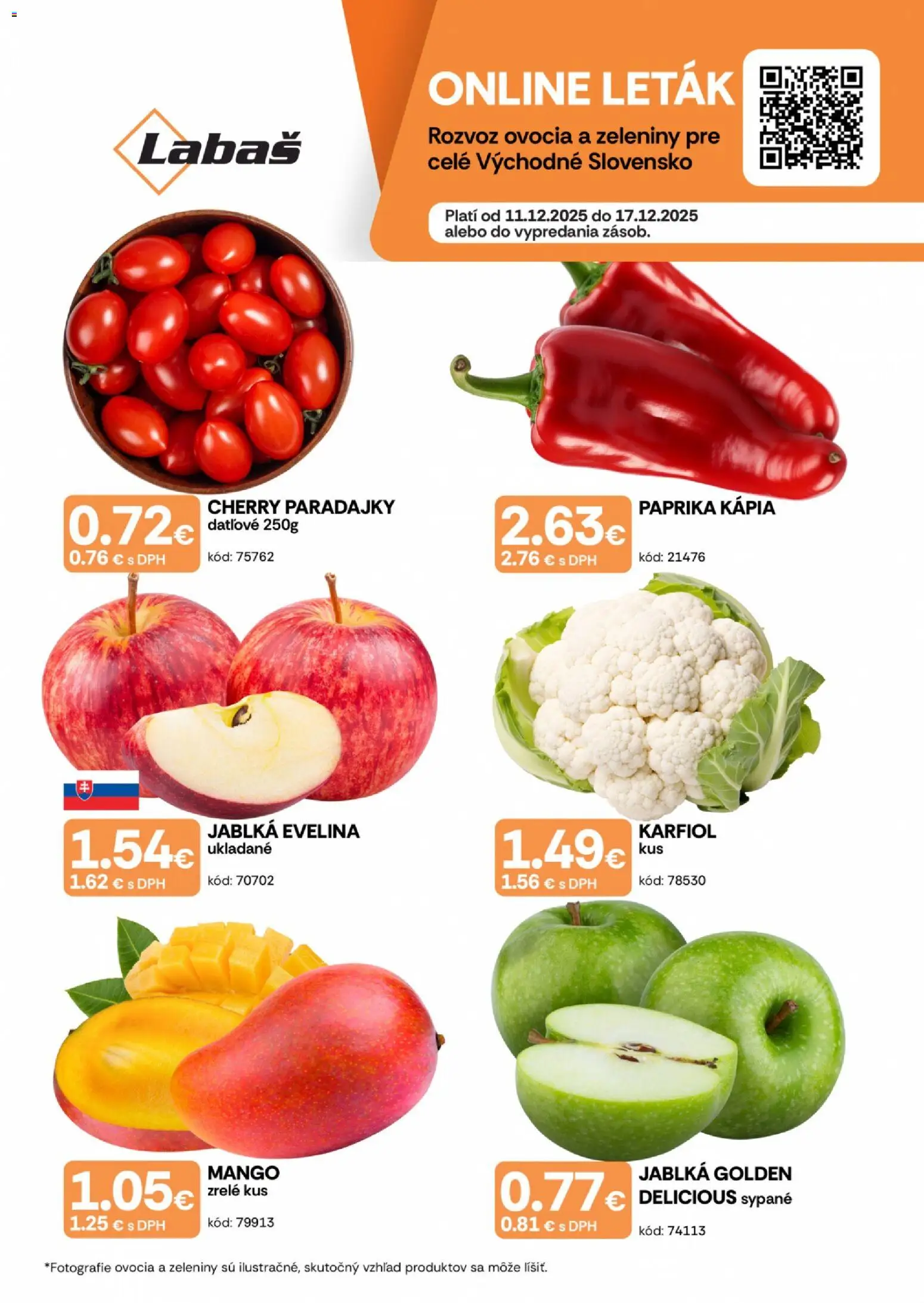 Náhľad Labaš letáku platného od 11.12.2025 - Mango, Paprika, Paradajky, Karfiol, Jablká, Cherry paradajky, Kápia