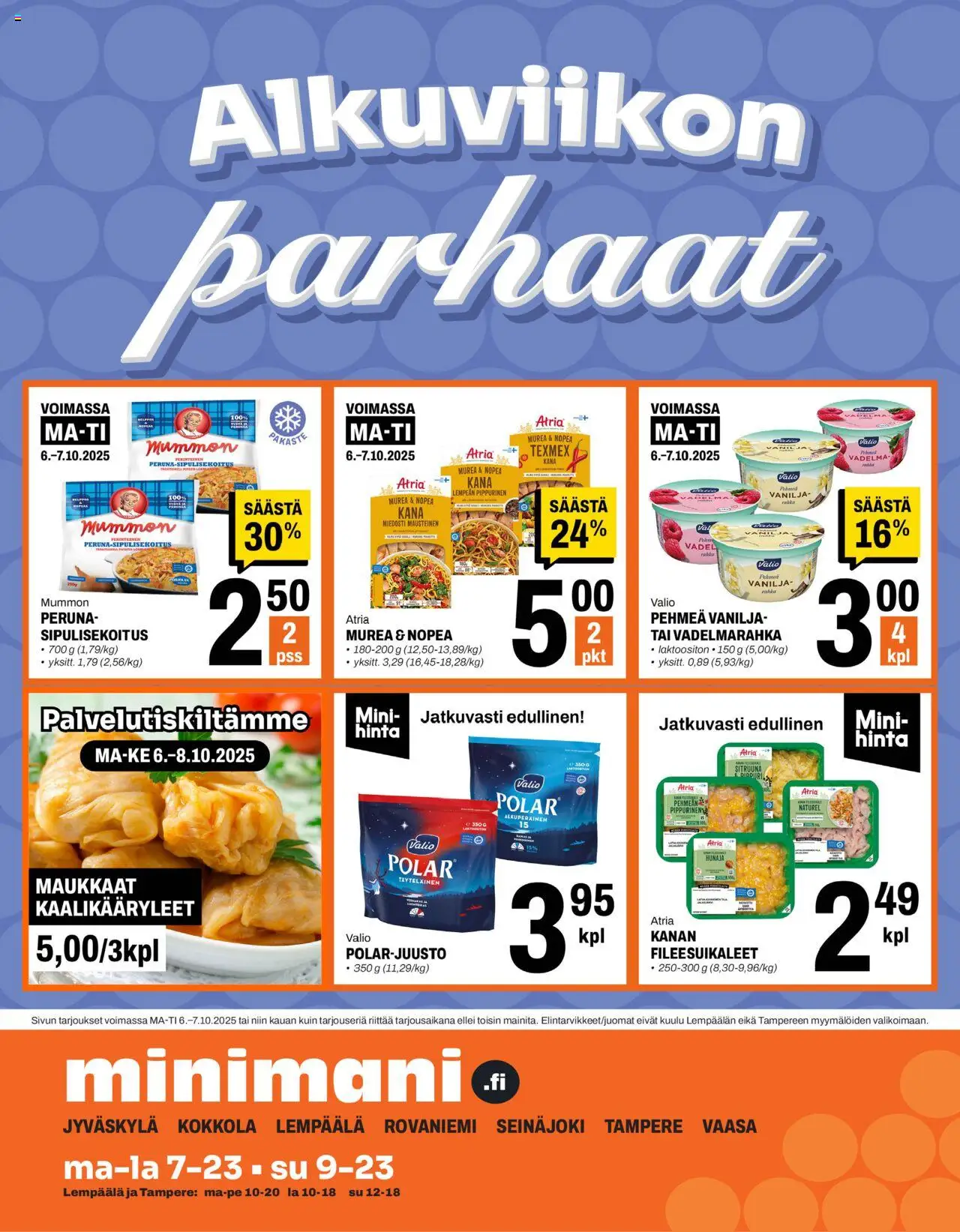 Kaupan Minimani Tarjoukset esikatselu, voimassa 06/10/2025 - Kana, Peruna, Kaalikääryleet, Vadelma, Hunaja