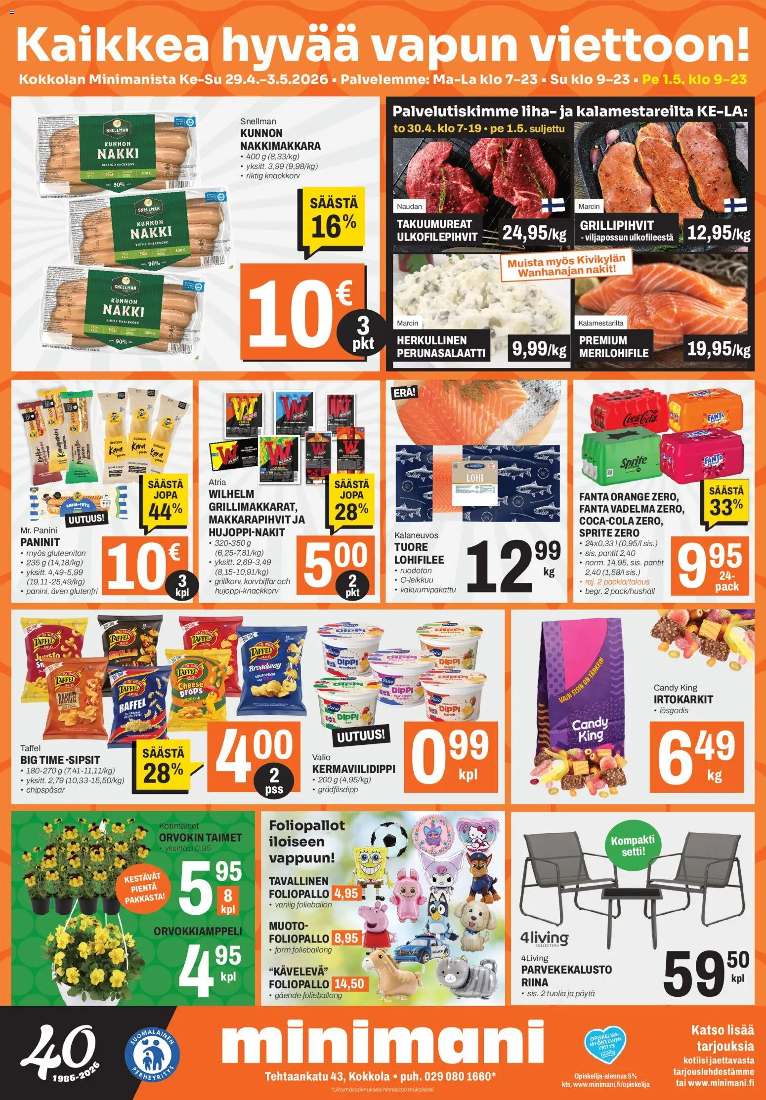Kaupan Minimani Minimani tarjoukset - Kokkola esikatselu, voimassa 29/04/2026 - Perunasalaatti, Lohi, Kana, Irtokarkit, Fanta, Sprite, Cheddar, Nakit