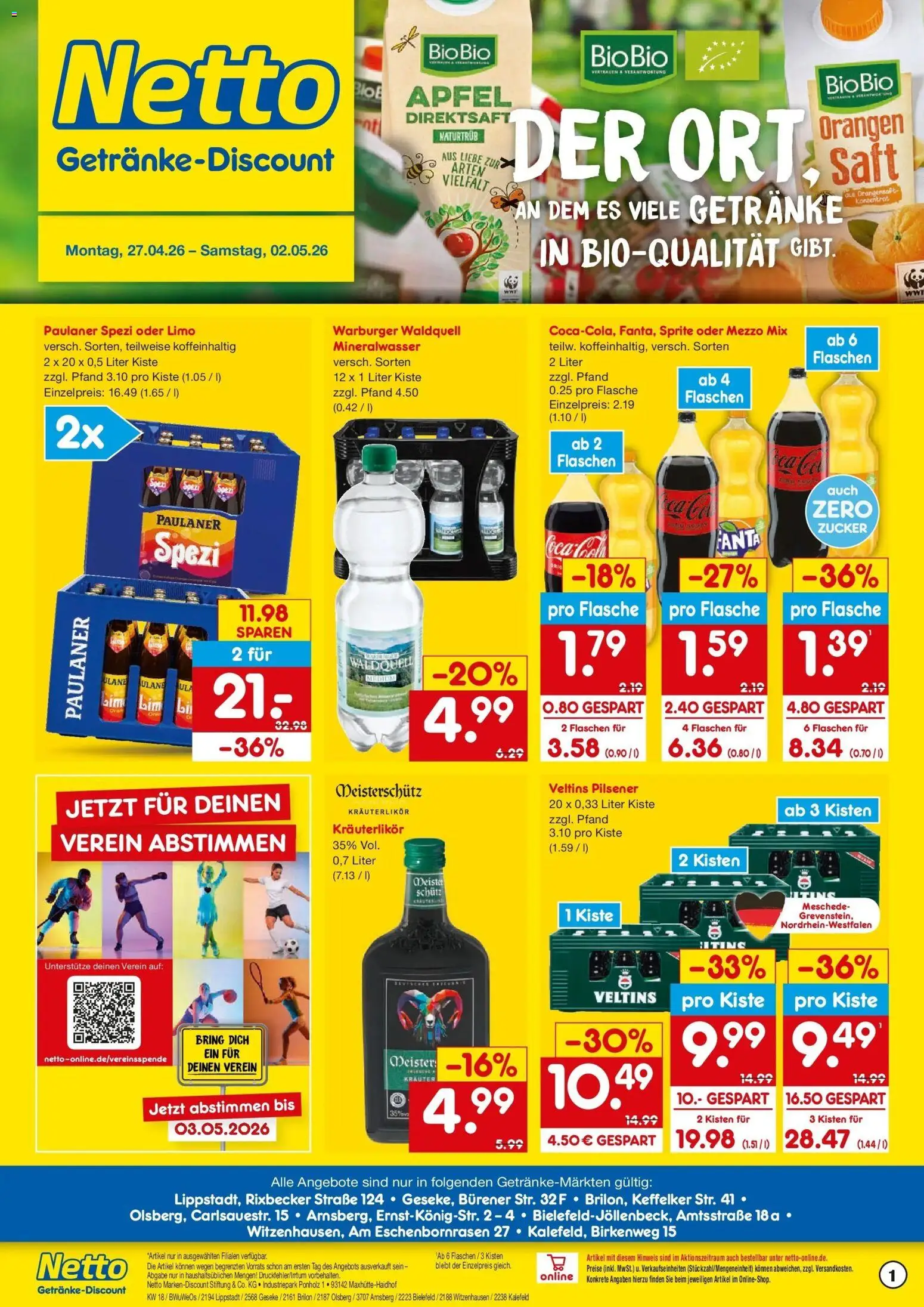 Vorschau von dem Prospekt des Geschäftes Netto Marken-Discount, gültig ab dem 27.04.2026 - Äpfel, Zucker, Paulaner, Fanta, Veltins, Orangensaft, Mezzo mix, Saft