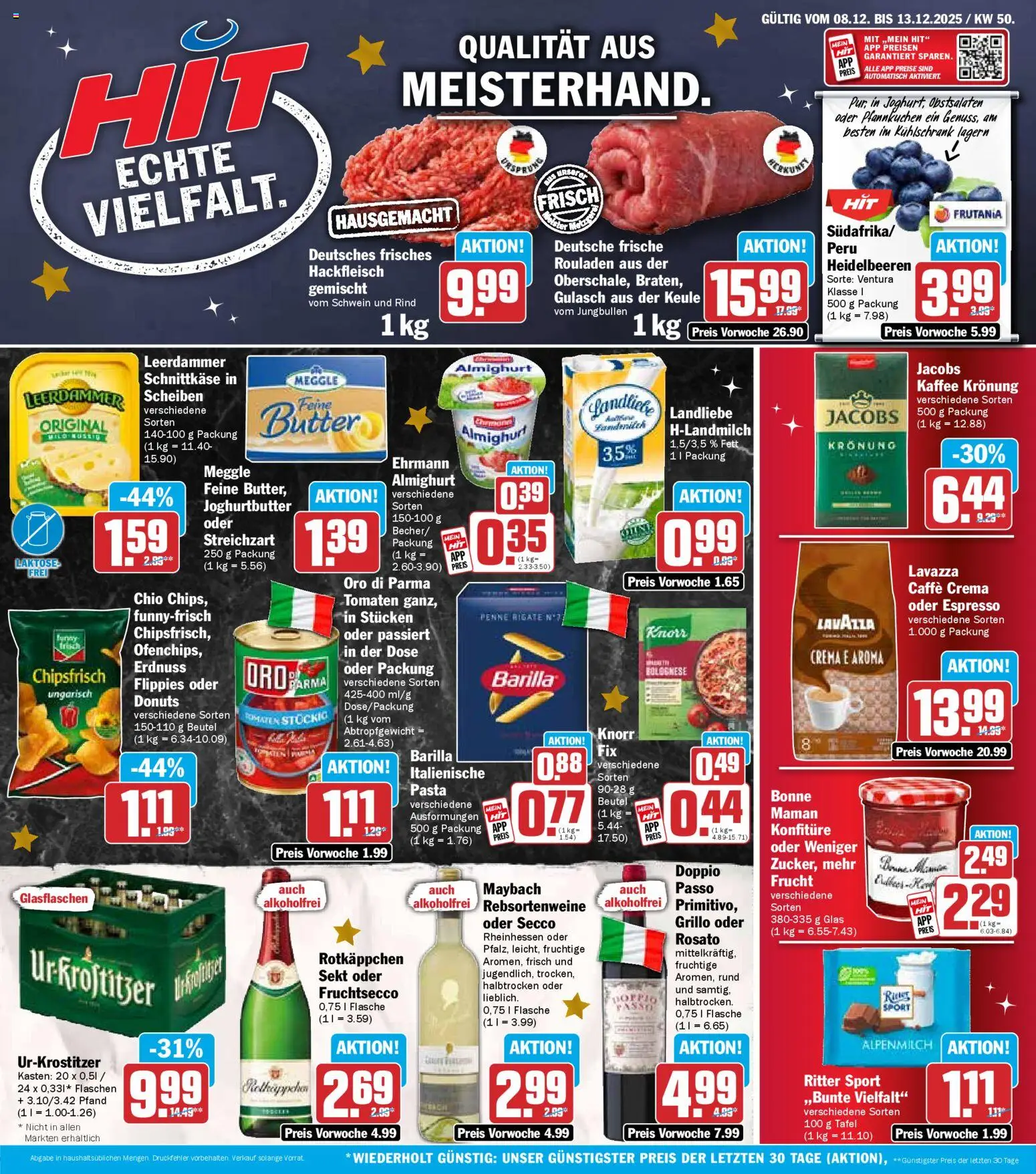 Vorschau von dem Prospekt des Geschäftes HIT, gültig ab dem 08.12.2025 - Gulasch, Donuts, Rotkäppchen, Lavazza, Sekt, Knorr, Fruchtsecco, Oro di parma