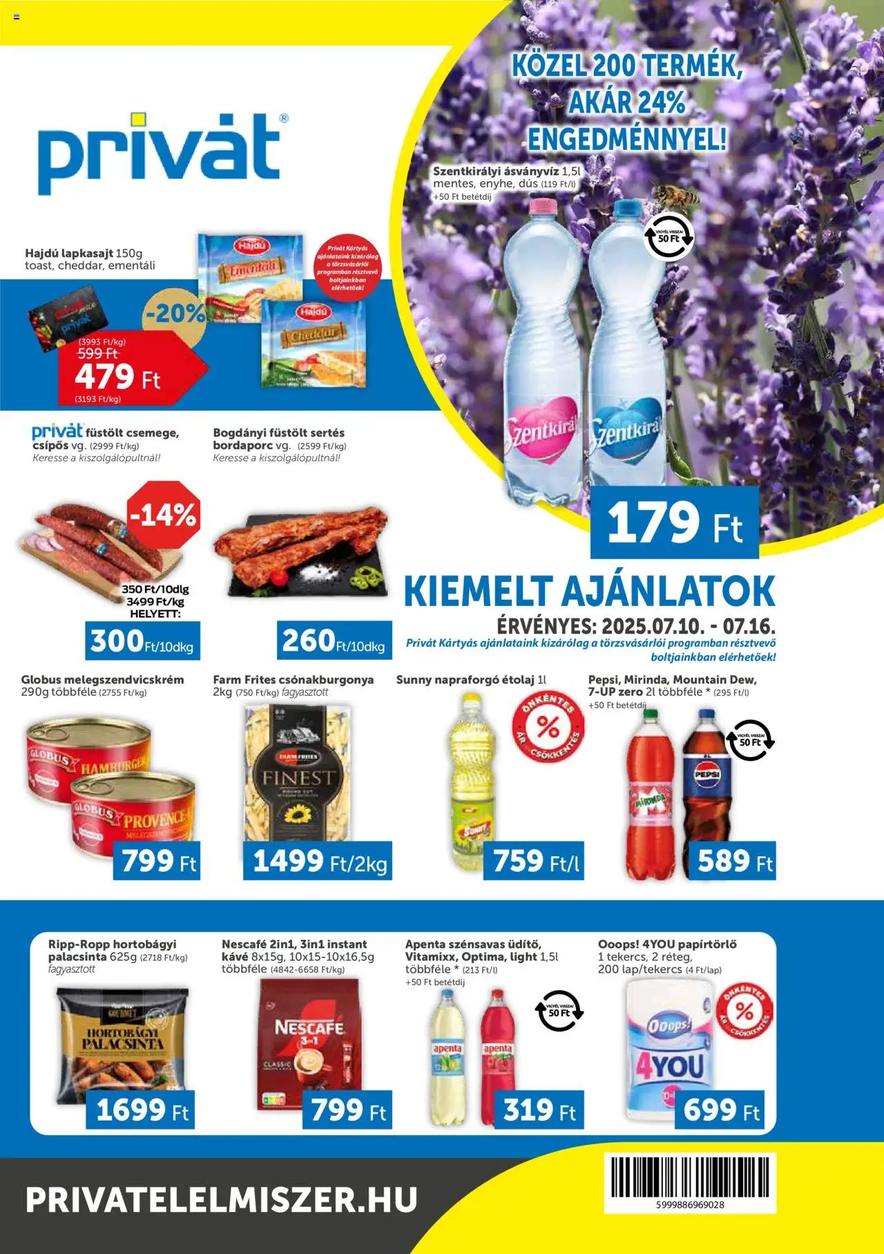 PRIVÁT aktuális szórólap, érvényes 2025.07.10.-től - 1 oldal - Kávé, Nescafé, Pepsi, Apenta, Ásványvíz, Papírtörlő, Instant kávé, Lapkasajt