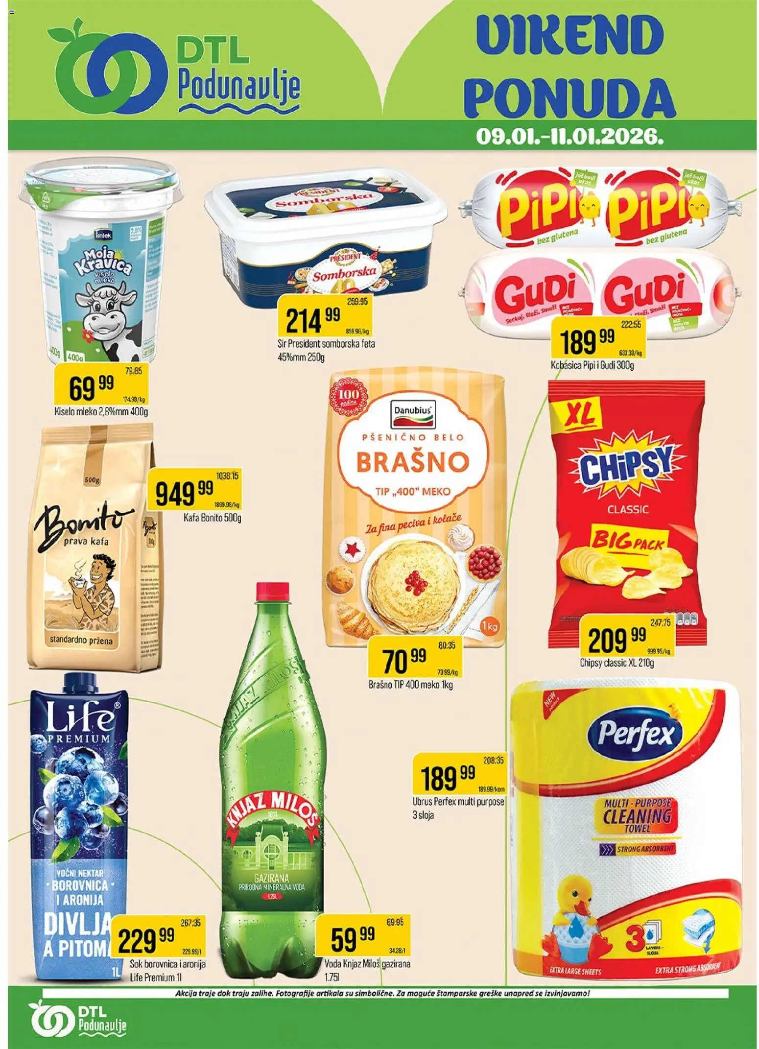 Pregled Podunavlje kataloga - važi od 09.01.2026 - Kafa, Borovnica, Voda, Kiselo mleko, Mleko, Sir, Nektar, Brašno