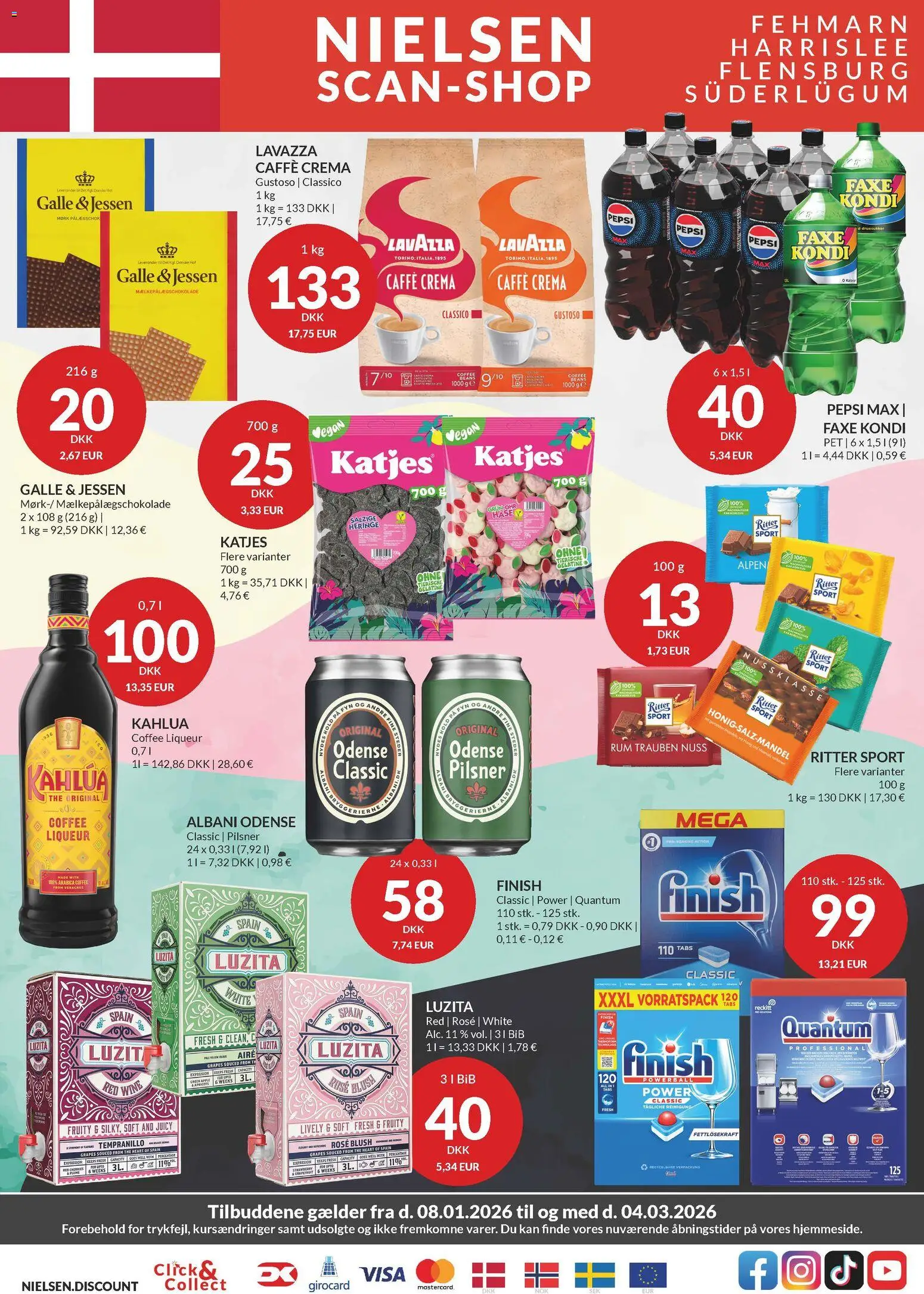 Eksempel på tilbudsavis Tilbudsavis fra butik Nielsen Discount gyldig fra 08/01/2026 - Faxe Kondi, Pepsi Max, Blush, Pepsi