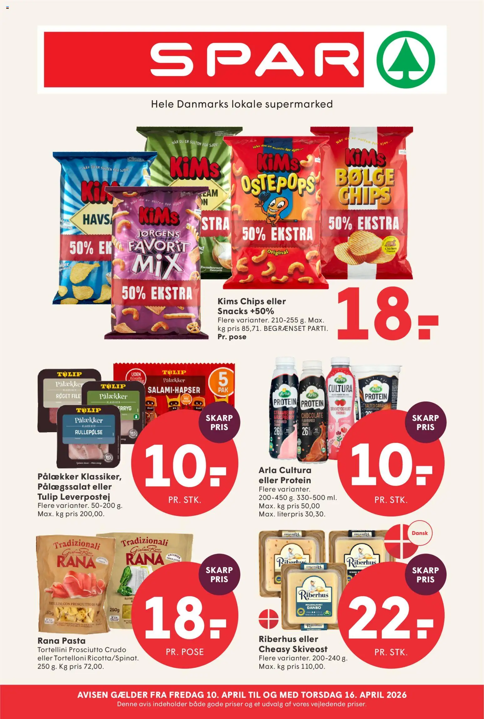 Eksempel på tilbudsavis Spar - Tilbudsavis uge 16 fra butik Spar gyldig fra 10/04/2026 - Pasta, Chips, Leverpostej, Rullepølse, Drikkeyoghurt, Skiveost