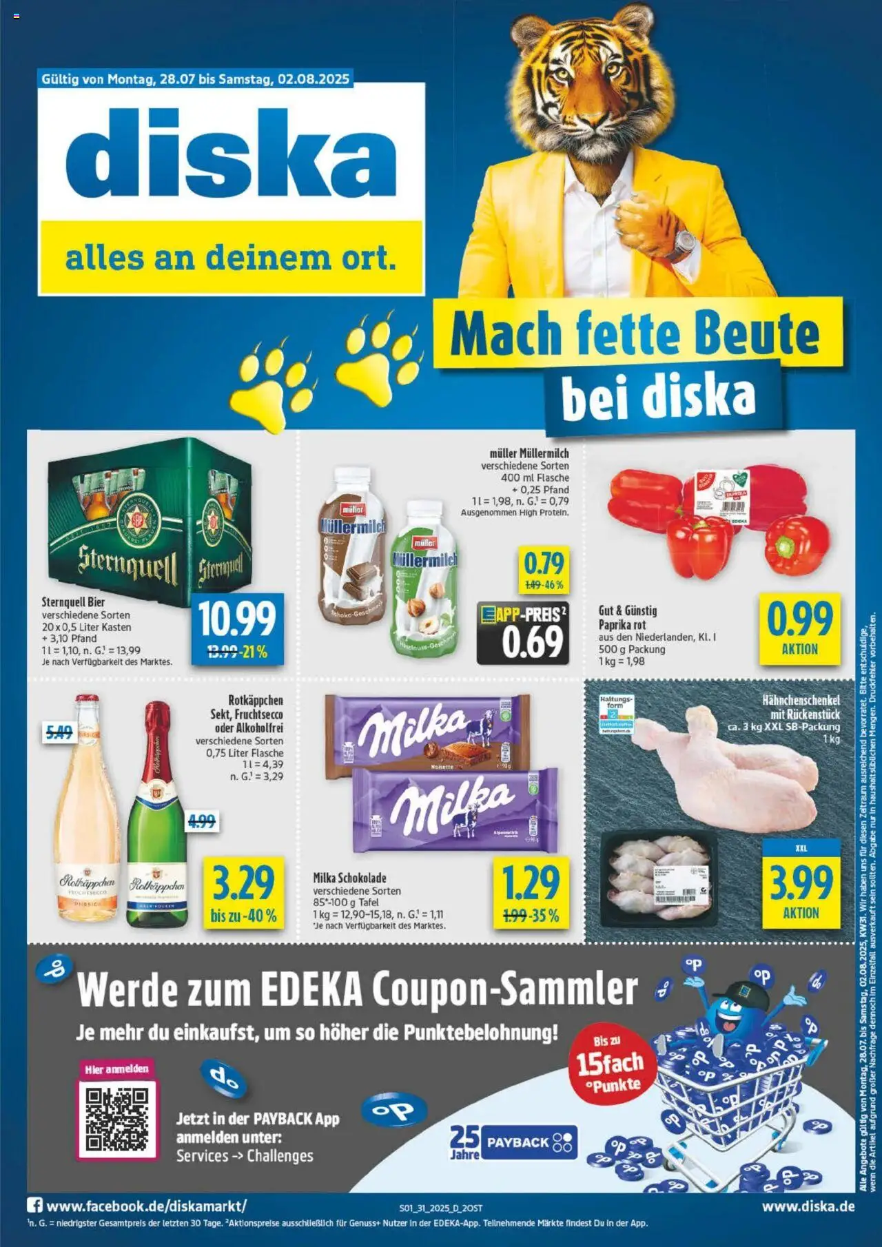 Diska Prospekt (vom 28.07.2025 - 02.08.2025) - Schokolade, Bier, Milka schokolade, Milka, Paprika, Hahnchenschenkel, Müllermilch, Paprika rot