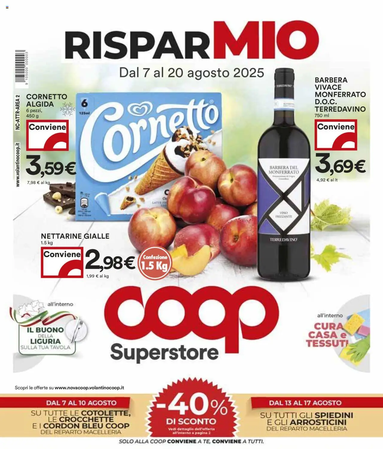 Volantino COOP valido da 07/08/2025 numero di pagina 1 - Vino, Arrosticini, Cornetto, Spiedini, Crocchette, Nettarine