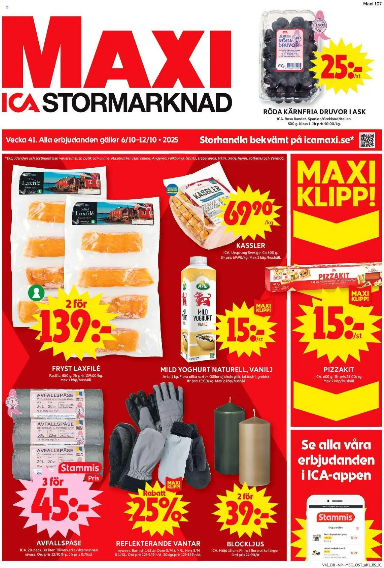 Förhandsgranska reklamblad Norsborg från butik ICA Maxi gäller från 06/10/2025 - Pizza, Pizzadeg, Tomatsås, Kassler, Galler, Vanilj, Pizzakit, Laxfilé