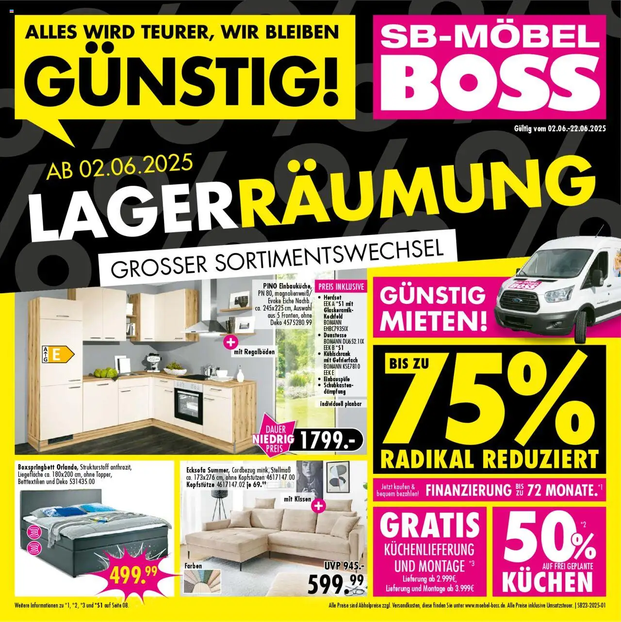 SB Möbel Boss Prospekt (vom 02.06.2025 - 22.06.2025) - Kühlschrank, Kuchen, Boxspringbett, Ecksofa, Kissen, Kochfeld