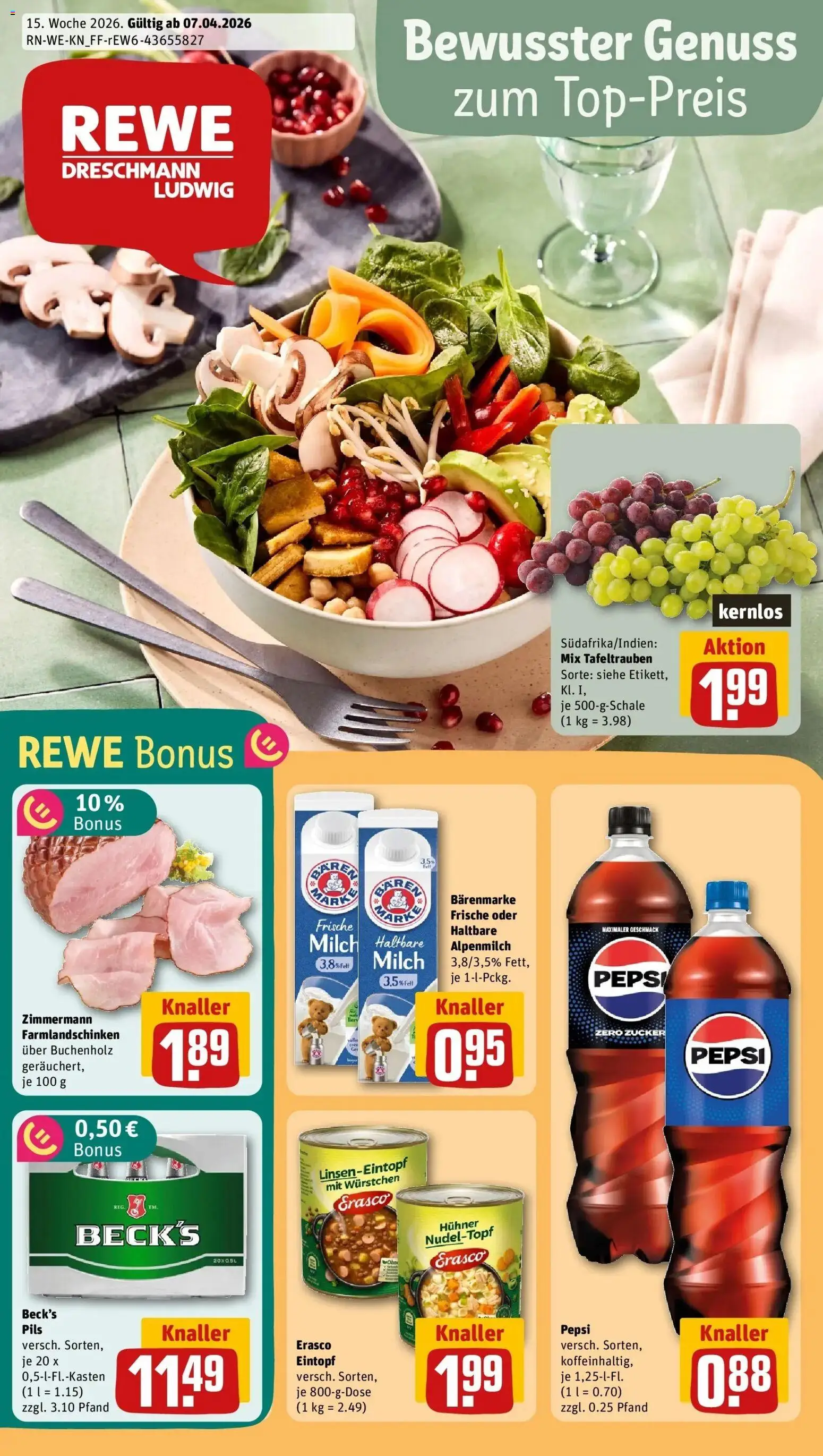 Vorschau von dem Prospekt des Geschäftes Rewe, gültig ab dem 05.04.2026 - Milch, Zucker, Pepsi, Haltbare milch, Pils, Erasco