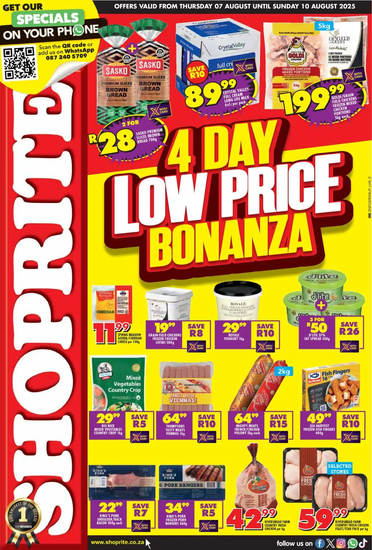Shoprite KwaZulu-Natal - Low Price Bonanza 07/08 - 10/08/2025 >> Catalogue - Fish, Vegetables, Milk, Cheese, Yoghurt, Bacon, Cheddar, Frozen chicken