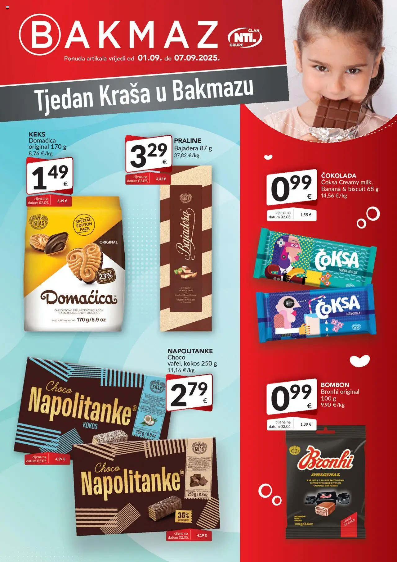Bakmaz aktualni Tjedan Kraša vrijedi od 01.09.2025 - tjedna akcija broj stranice 1 - Čokolada, Kokos, Bombon, Keks, Badem, Pecivo, Karamela, Čajno pecivo