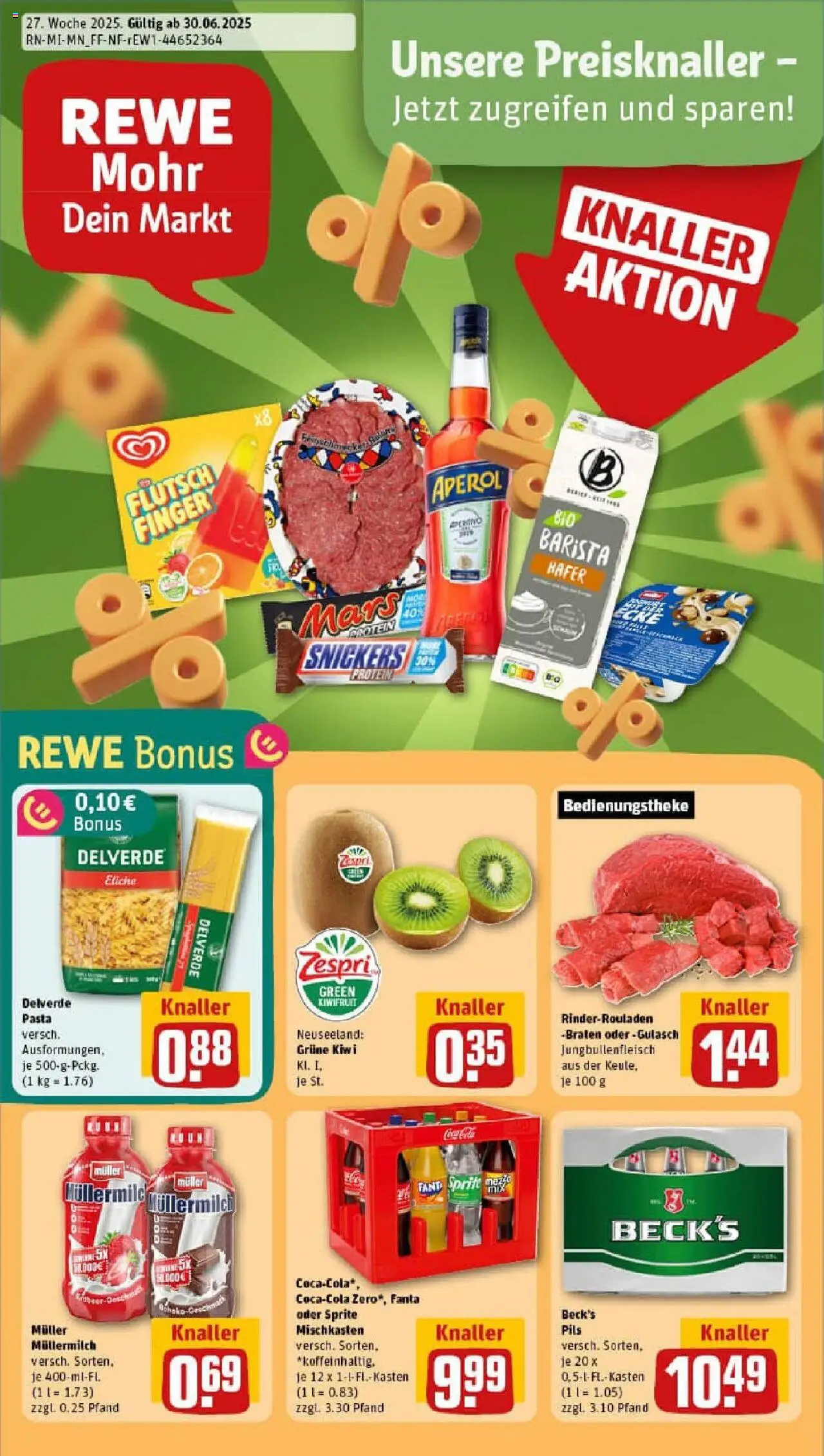 REWE Prospekt ab 29.06.2025 nächste Woche - Prospekt Homberg / Efze - Pasta, Gulasch, Kiwi, Mars, Rinderrouladen, Müllermilch, Sprite, Muller mullermilch