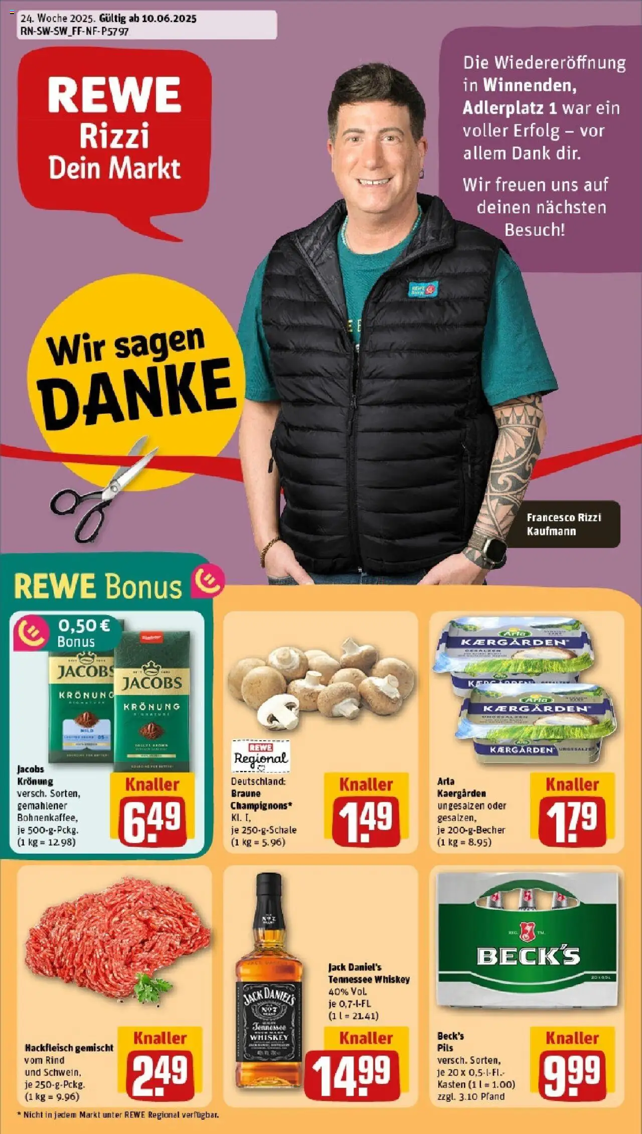 REWE Prospekt ab 08.06.2025 nächste Woche - Prospekt Winnenden - Hackfleisch, Champignons, Whiskey, Pils, Jack Daniel's