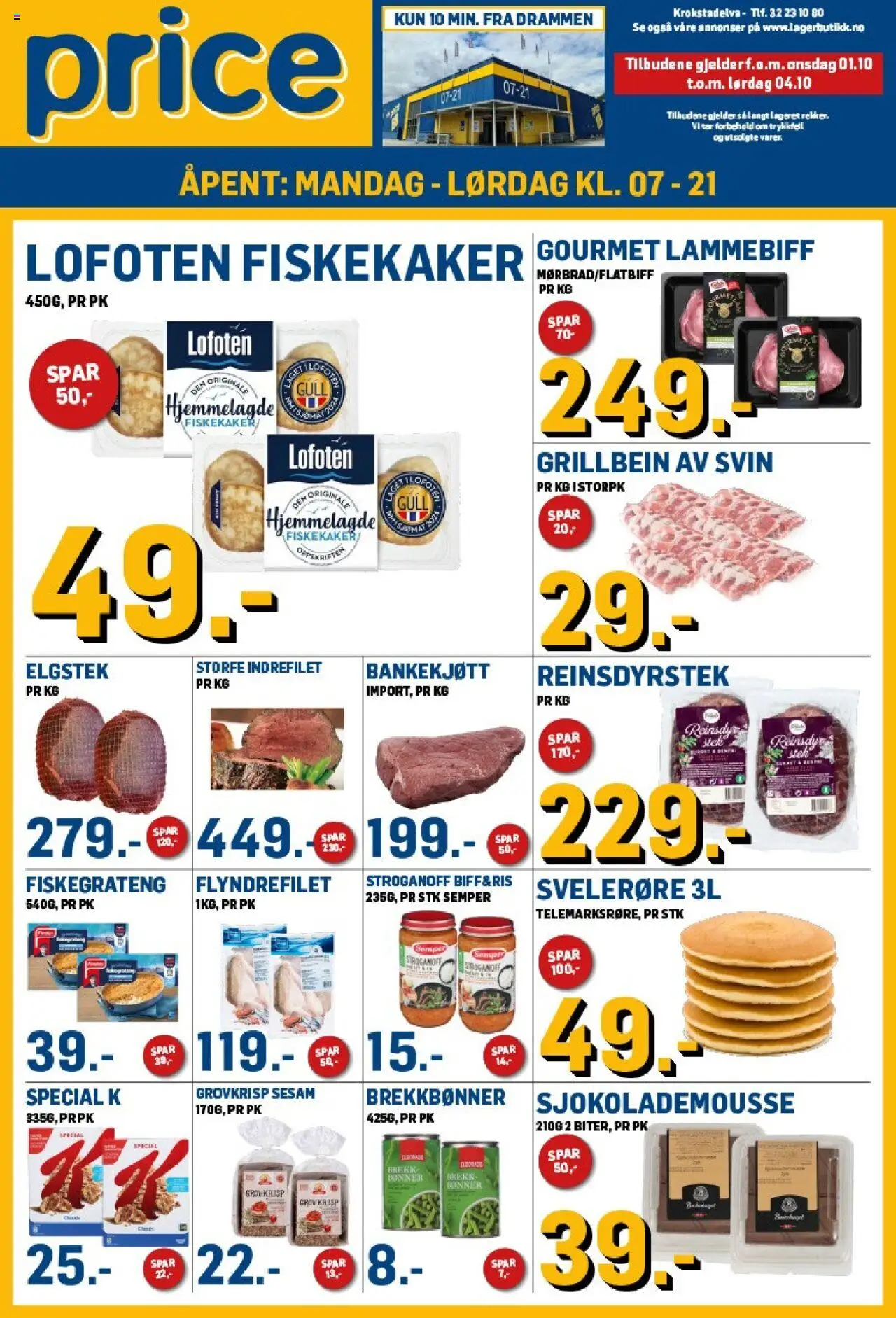 Kundeavis Price Lagerbutikk gyldig fra 01/10/2025 - Sidenummer 1 - Bønner, Bankekjøtt, Svin, Fiskekaker, Sjokolademousse, Fiskegrateng, Indrefilet, Grillbein