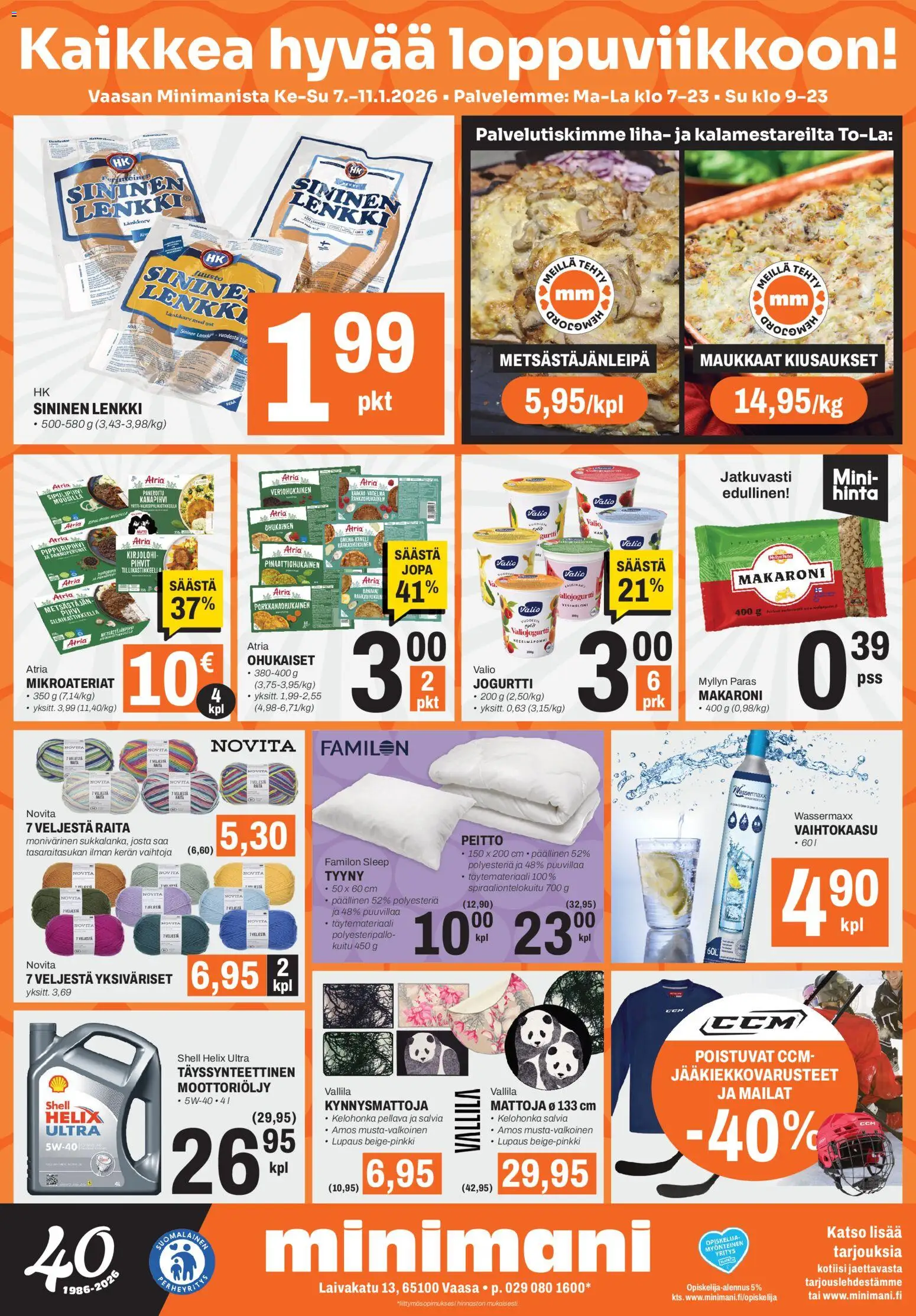 Kaupan Minimani Tarjoukset - Vaasa esikatselu, voimassa 07/01/2026 - Vadelma, Kirjolohi, Tyyny, Peitto, Pihvi, Liha, Jogurtti, Moottoriöljy