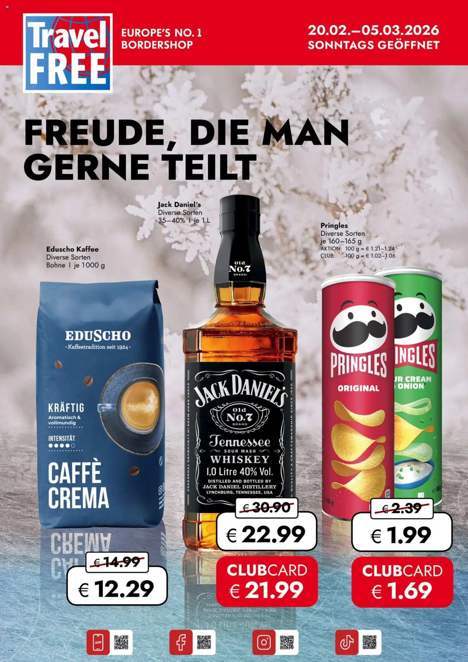Náhled nabídky: Travel Free Leták platný od 20.02.2026 - Pringles, Whiskey, Crema, Jack Daniel’s