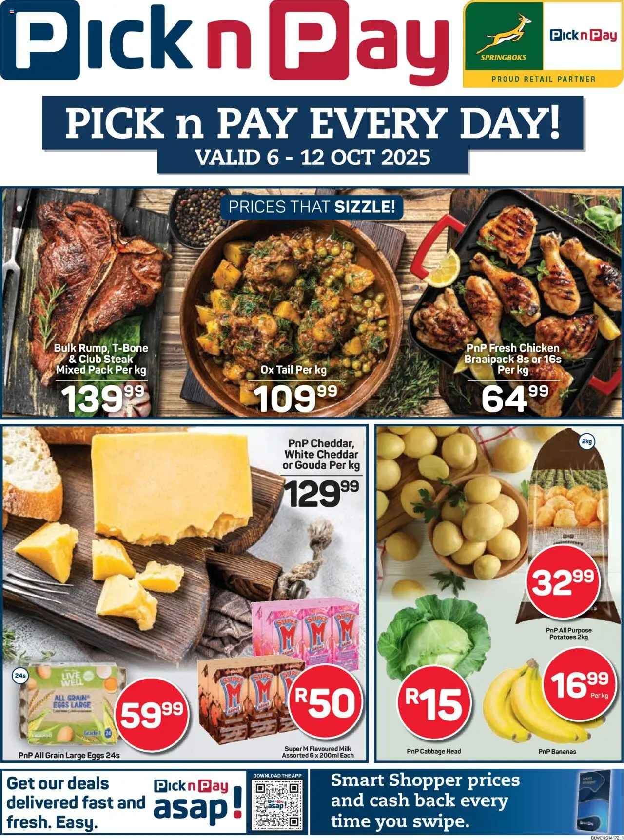 Preview of Pick n Pay flyer valid from 06/10/2025 - Chicken, Eggs, Milk, Bananas, Potatoes, Steak, Cheddar