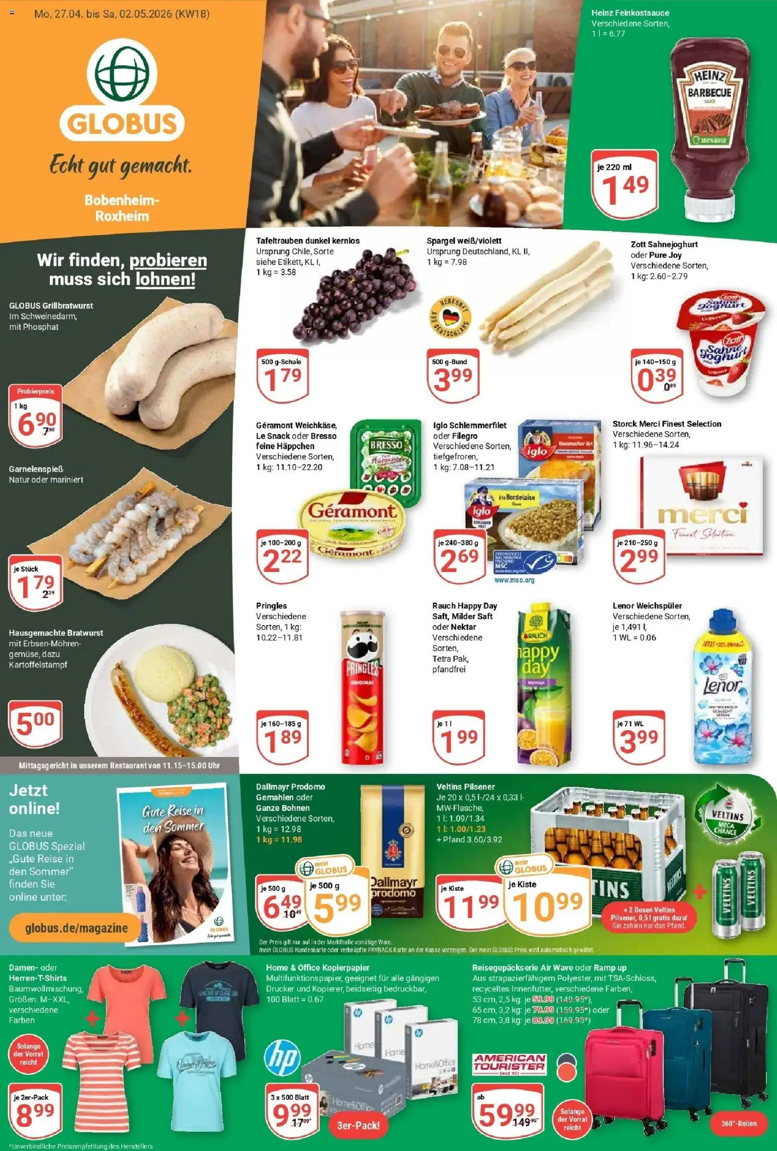 Vorschau von dem Prospekt des Geschäftes Globus, gültig ab dem 27.04.2026 - Uhr, Drucker, Dallmayr, Pringles, Iglo schlemmerfilet, Saft, Geramont, Bresso