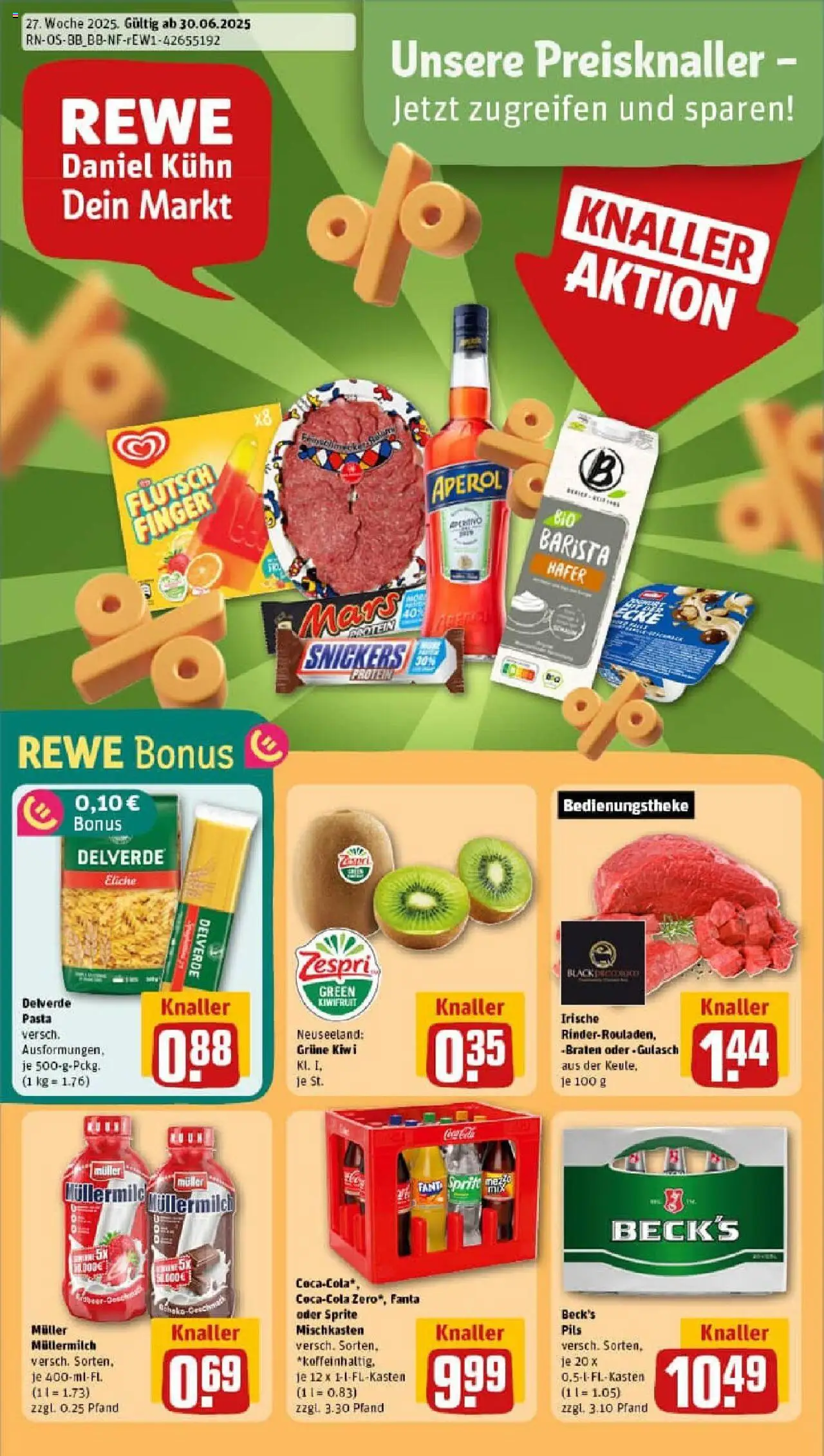 REWE Prospekt ab 29.06.2025 nächste Woche - Prospekt Berlin / Französisch Buchholz - Pasta, Aperol, Gulasch, Mars, Snickers, Fanta, Sprite, Muller mullermilch