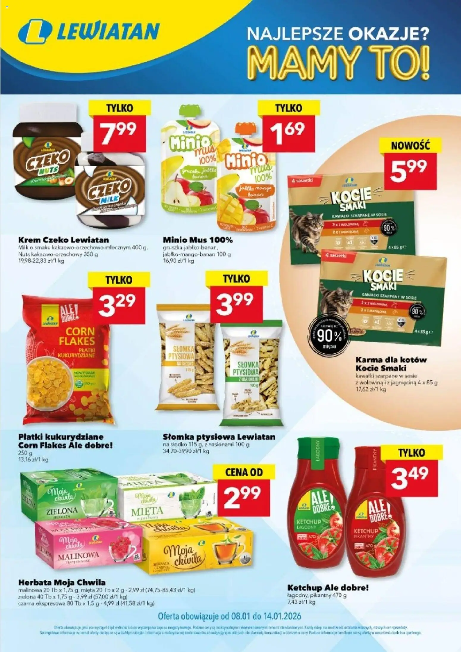 Pogląd gazetki "Są okazje w Lewiatanie" ze sklepu Lewiatan ważnej od 08.01.2026 - Mango, Herbata, Karma, Ketchup, Jagnięcina, Corn Flakes, Karma dla kotów, Słomka ptysiowa