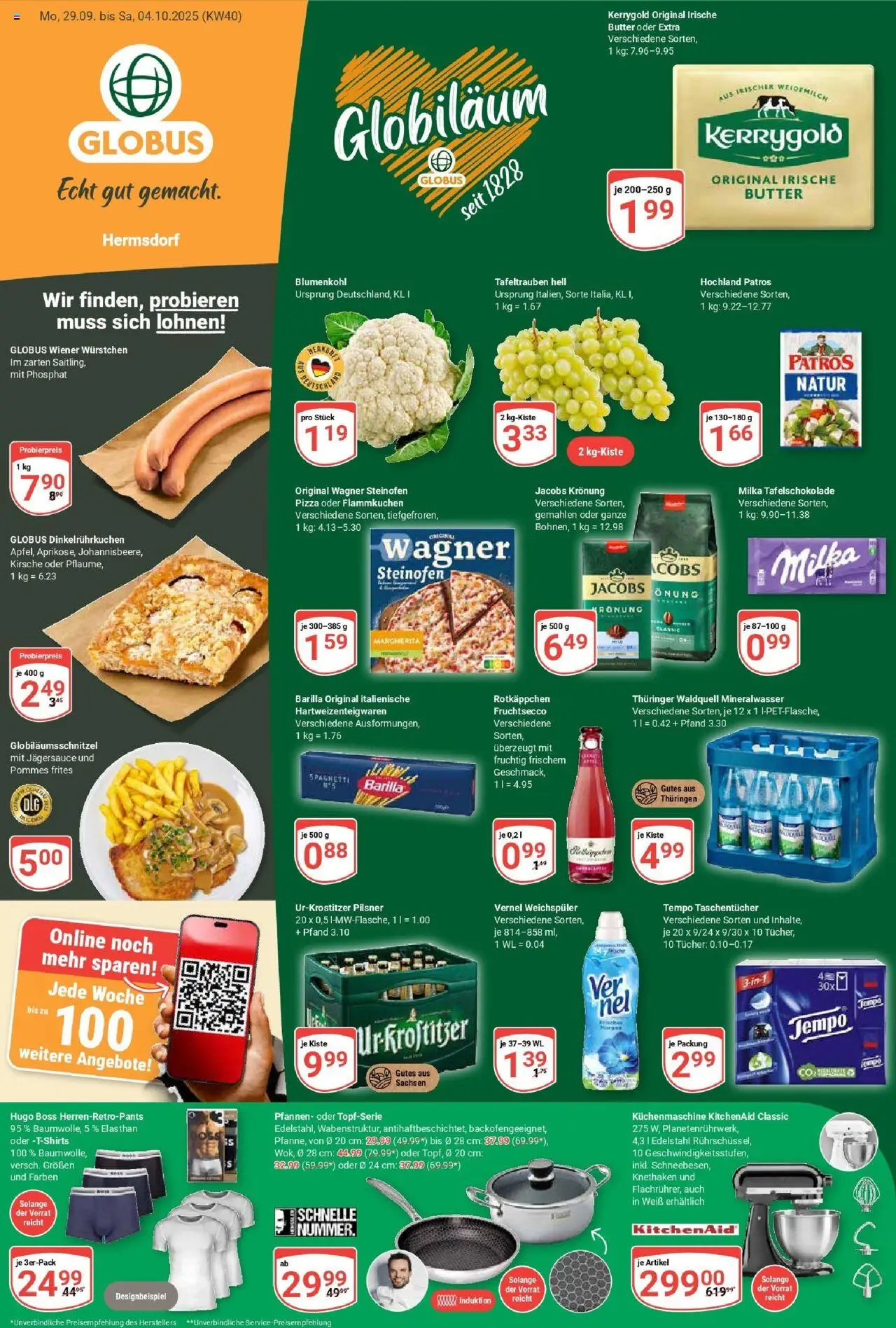 Globus Prospekt ab Montag 28.09.2025 > Prospekt Hermsdorf - Pizza, Mineralwasser, Blumenkohl, Rotkäppchen, Milka, Weichspüler, Taschentücher, Vernel