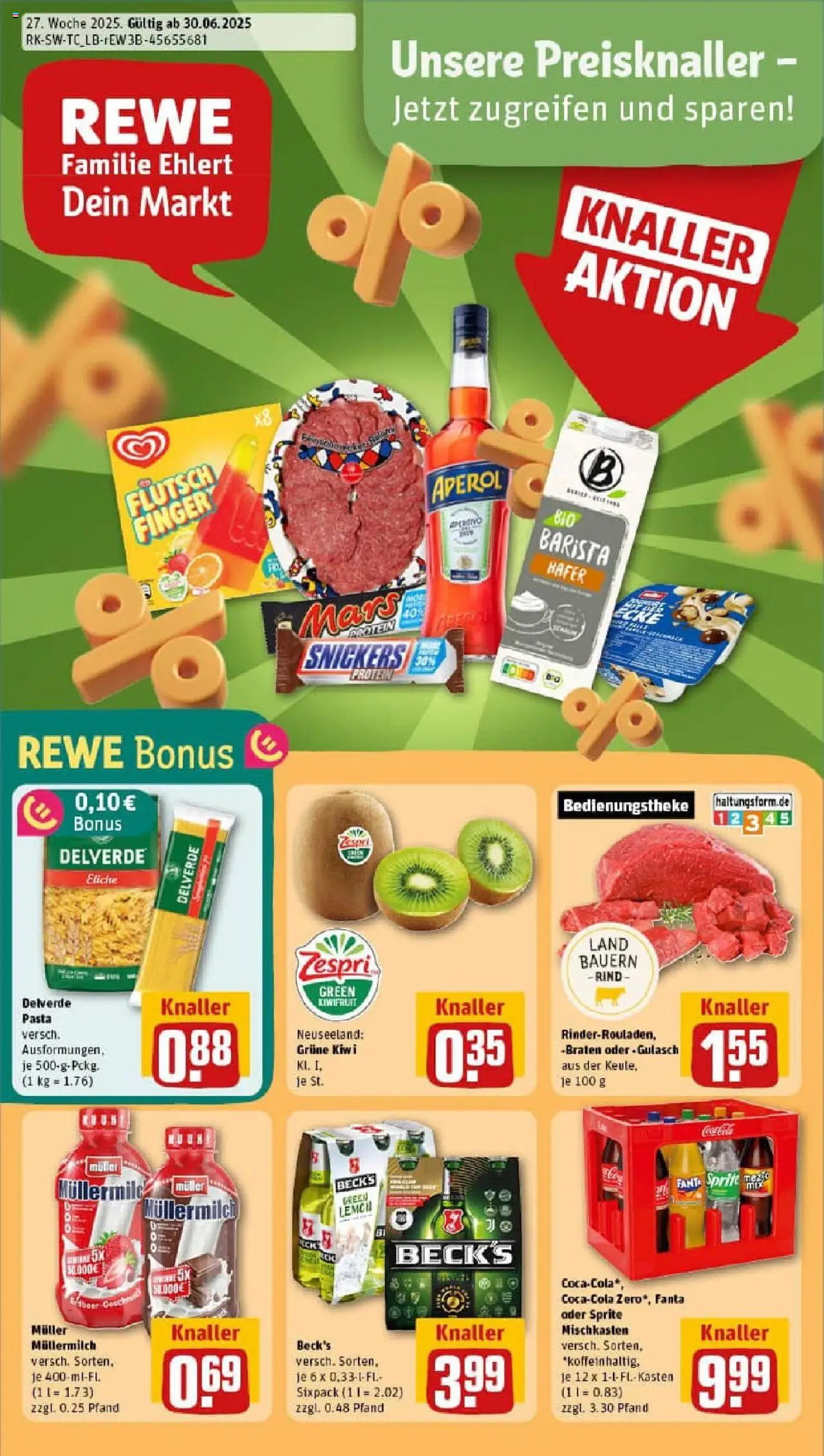 REWE Prospekt ab 29.06.2025 nächste Woche - Prospekt Ulm / Donaustetten - Pasta, Aperol, Kiwi, Mars, Fanta, Müllermilch, Sprite, Muller mullermilch