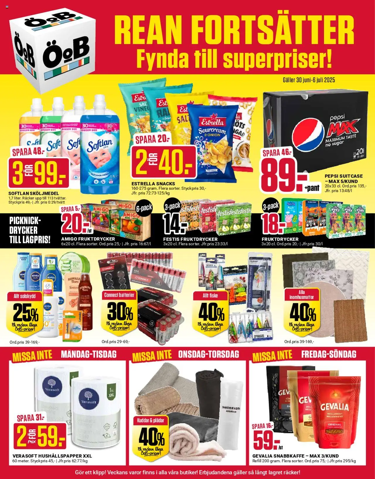 Aktuella reklamblad ÖoB är giltig 30/06 2025 > Veckans Erbjudanden gäller från 30/06/2025 till 06/07/2025 sidnummer 1 - Snacks, Solskydd, Sköljmedel, Galler, Nivea, Snabbkaffe, Hushållspapper, Drycker