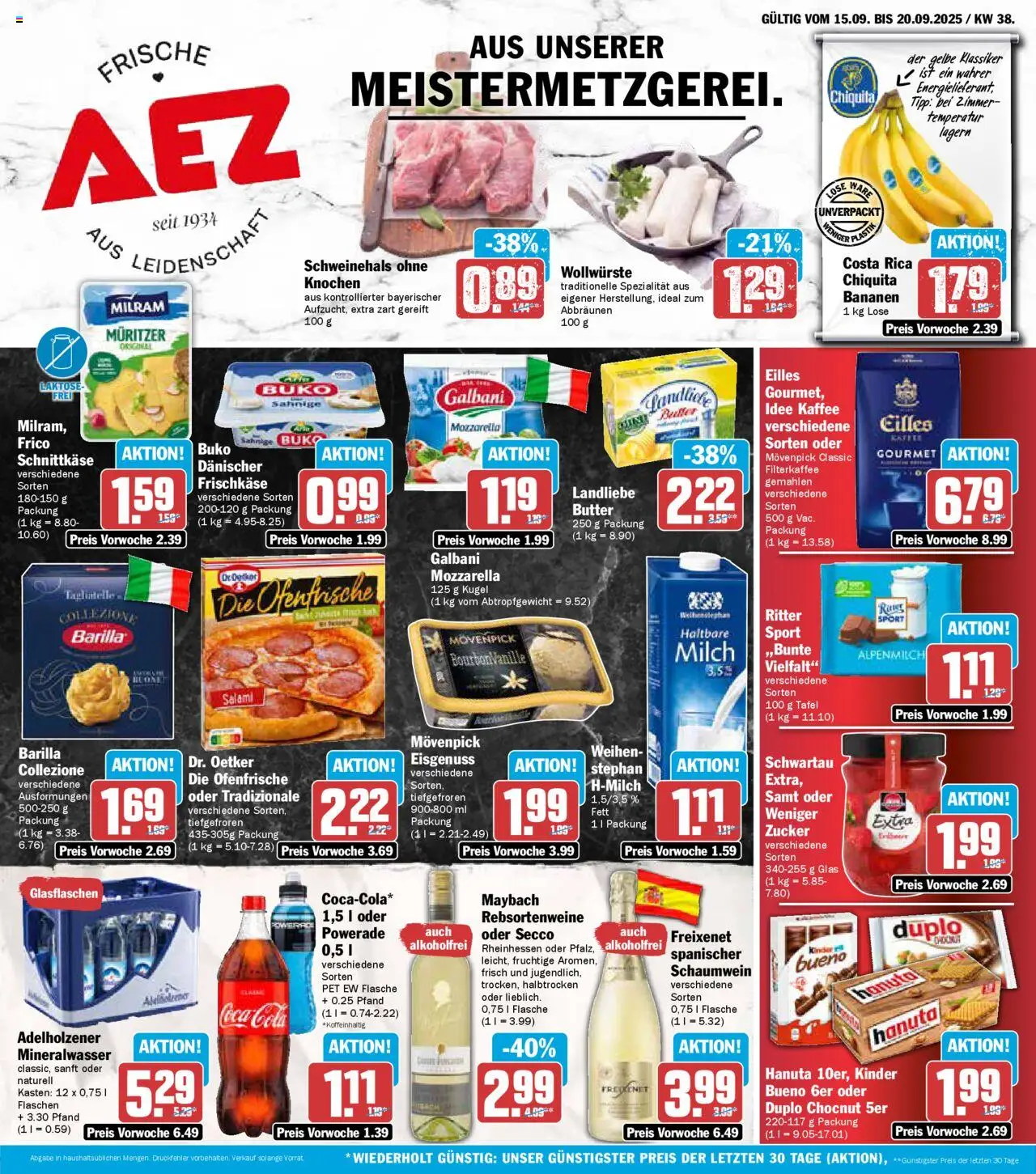 Vorschau von dem Prospekt des Geschäftes AEZ, gültig ab dem 15.09.2025 - Butter, Coca cola, Bananen, Mineralwasser, Milch, Ritter sport, Barilla, Frischkase