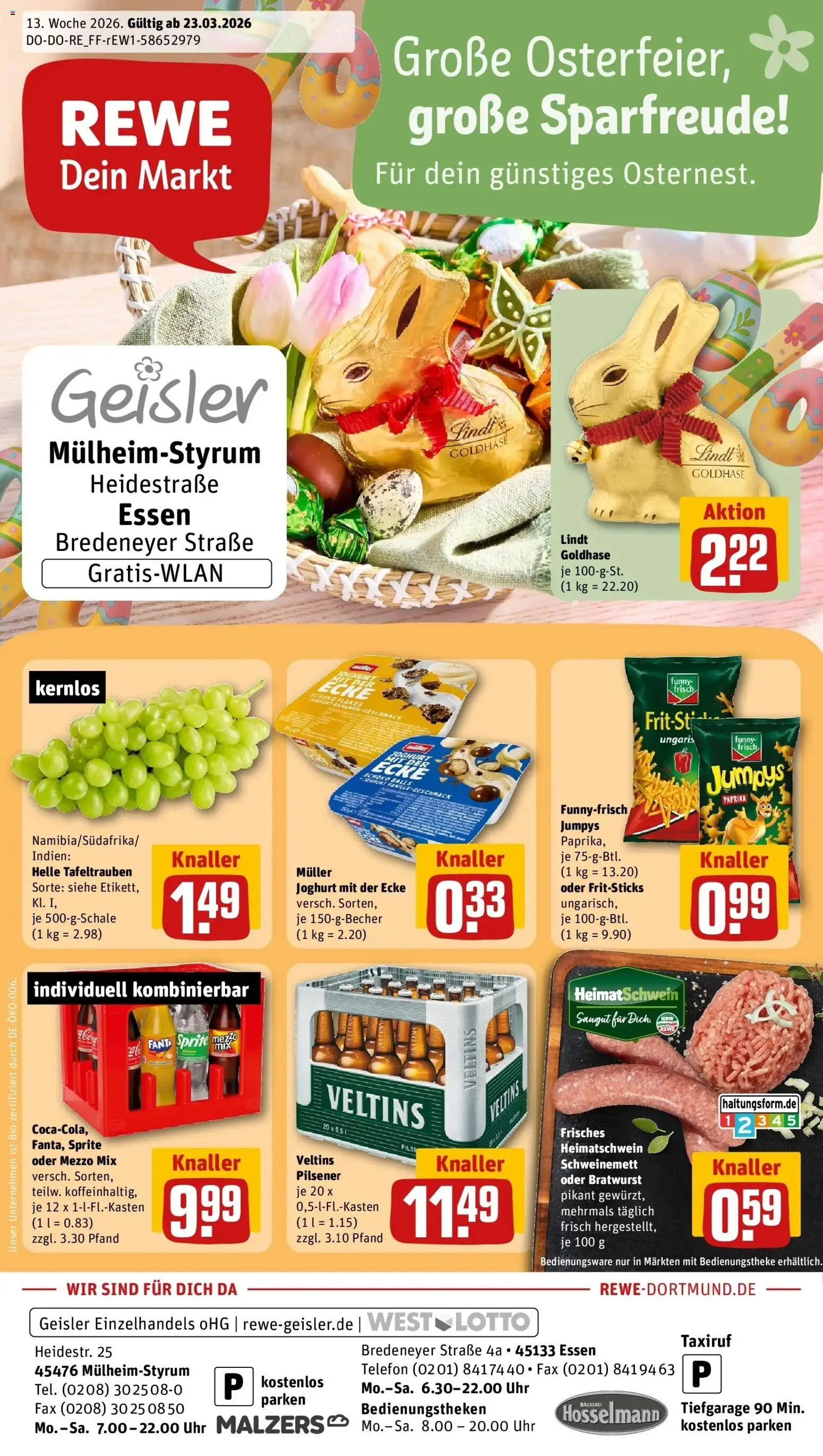 Vorschau von dem Prospekt des Geschäftes Rewe, gültig ab dem 23.03.2026 - Uhr, Telefon, Lindt, Joghurt, Paprika, Veltins, Funny frisch, Oder mezzo mix