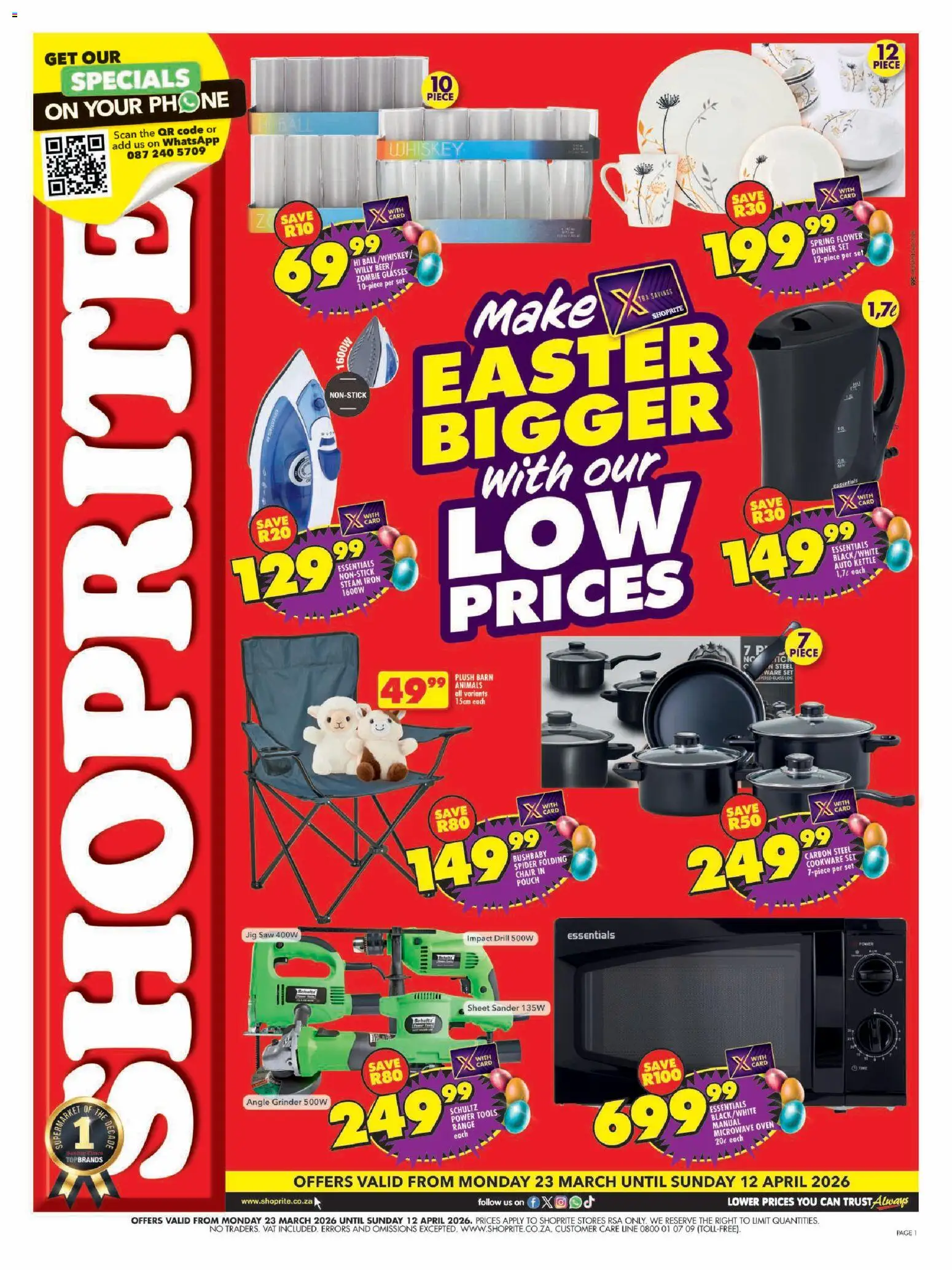 Preview of Shoprite flyer valid from 23/03/2026 - Phone, Iron, Chair, Whiskey, Jigsaw, Drill, Angle grinder, Microwave oven