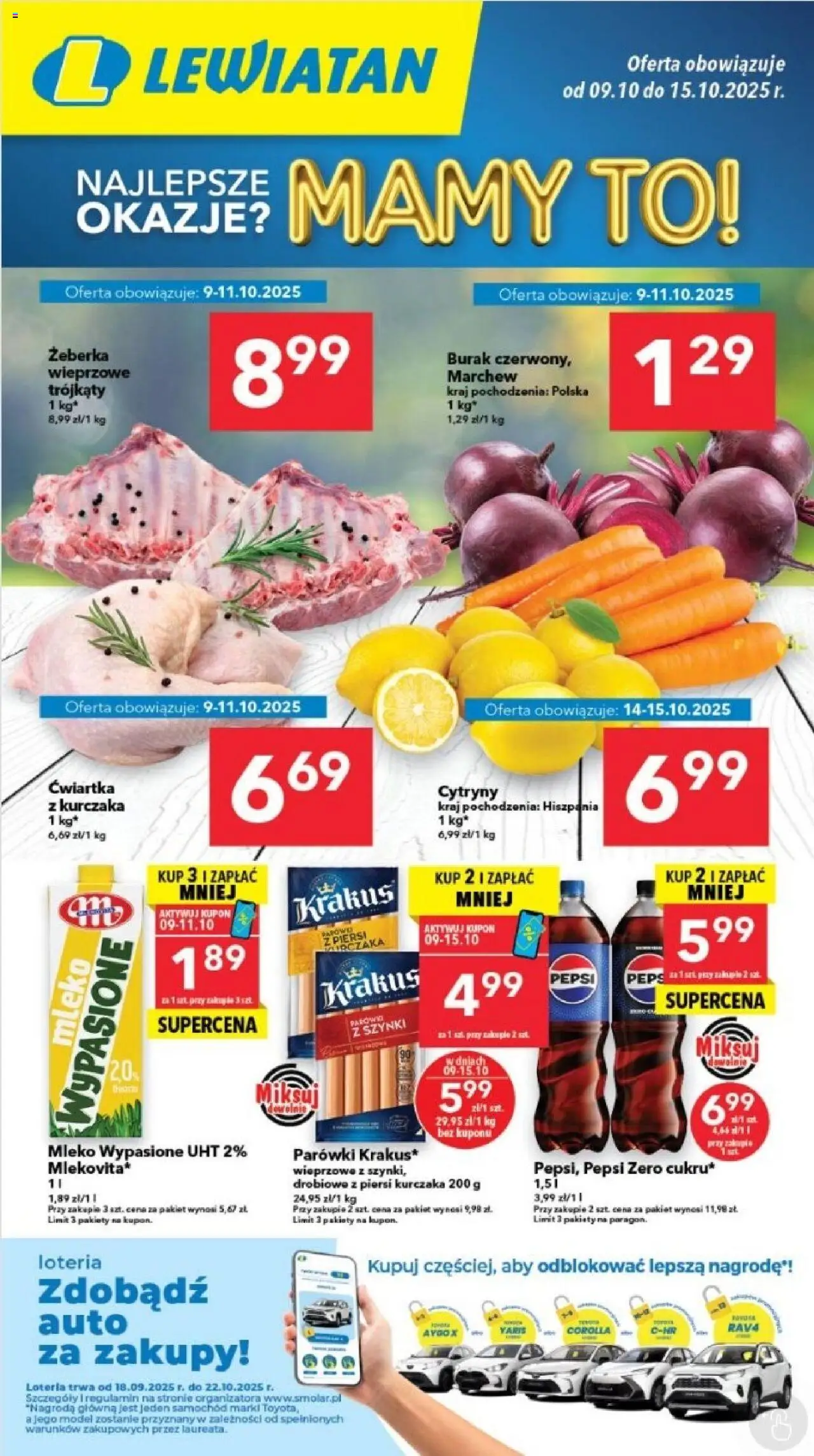 Lewiatan gazetka od 09.10.2025 - Promocje "Legnica" - Numer strony 1 - Mleko, Pepsi, Żeberka, Piersi, Cytryny, Burak, Parówki, Mleko wypasione