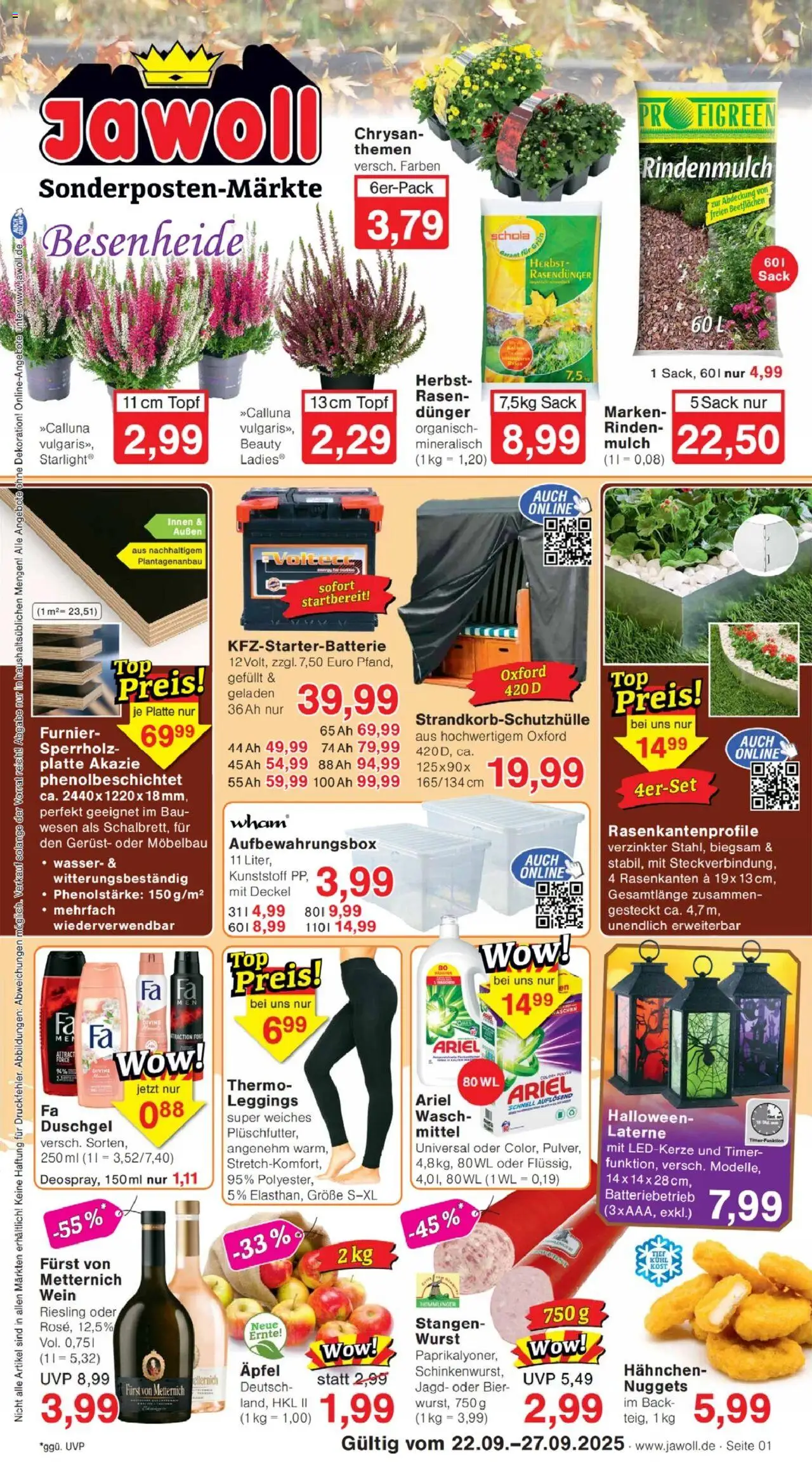 Jawoll Prospekt (vom 22.09.2025 - 27.09.2025) - Wasser, Bier, Wurst, Wein, Rindenmulch, Leggings, Ariel, Furst von metternich