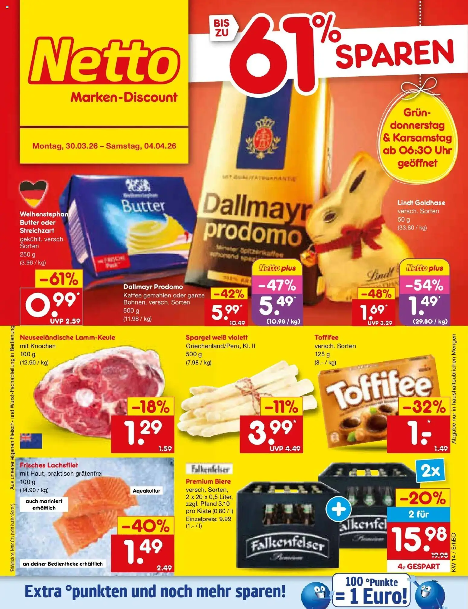 Vorschau von dem Prospekt des Geschäftes Netto Marken-Discount, gültig ab dem 30.03.2026 - Kaffee, Uhr, Butter, Spargel, Fleisch, Dallmayr, Toffifee, Lammkeule