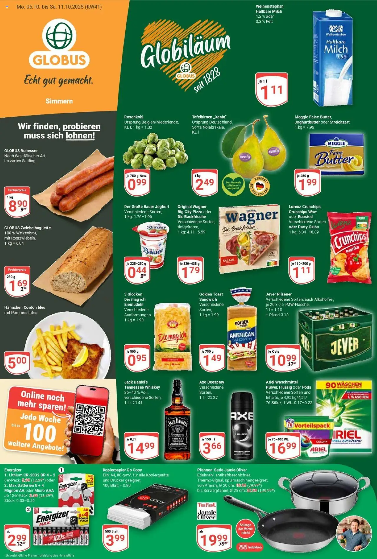 Globus Prospekt ab Montag 06.10.2025 > Prospekt Simmern - Joghurt, Pommes, Drucker, Jever, Whiskey, Axe, Hahnchen, Milch 1,5%