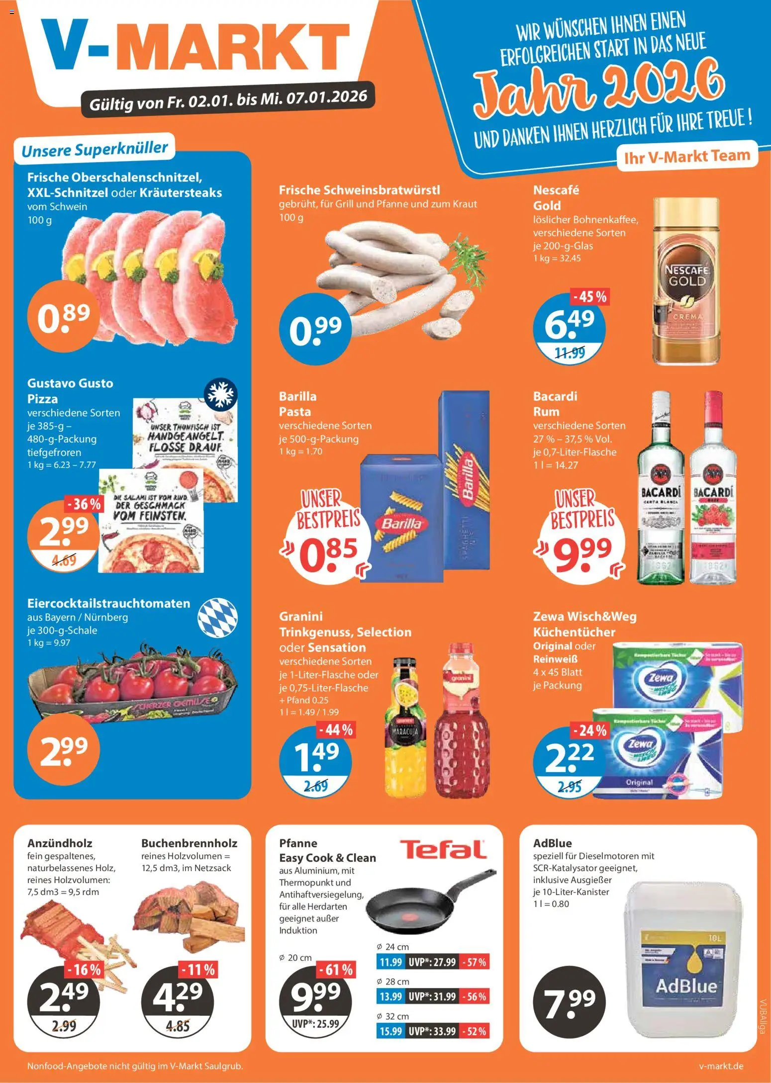 Vorschau von dem Prospekt des Geschäftes V-Markt, gültig ab dem 02.01.2026 - Pizza, Grill, Thunfisch, Gustavo gusto, Nescafe, Nescafe gold, Kraut, Zewa