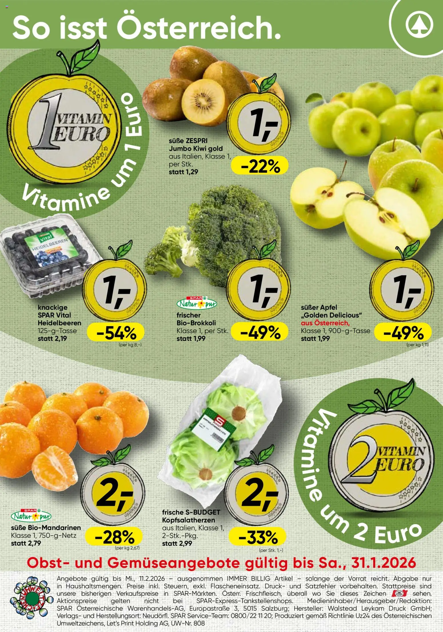 Vorschau der Angebote: Spar Tirol Obst & Gemüse gültig ab 26.01.2026 - Kiwi, Äpfel, Obst
