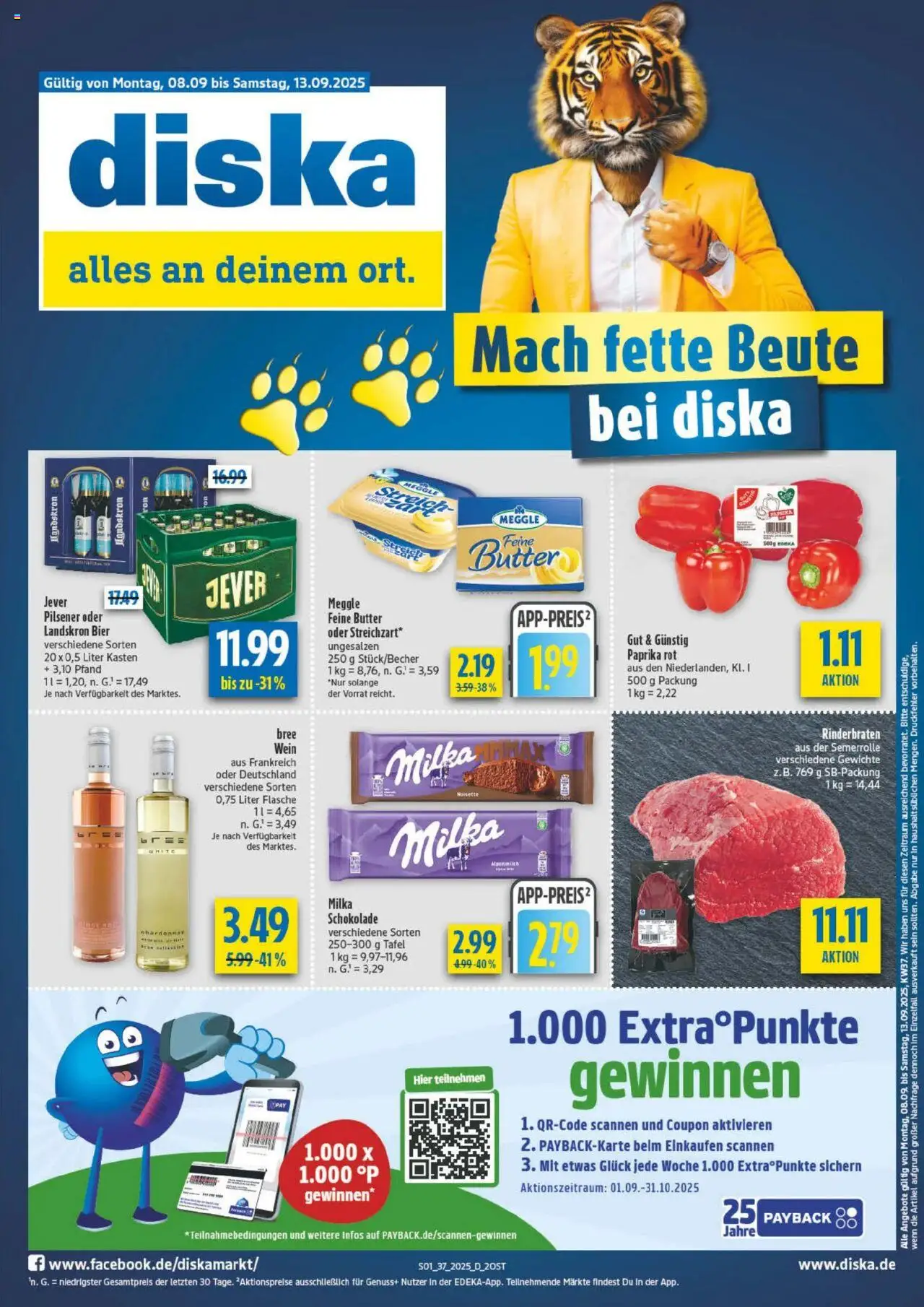 Diska diska Angebote Sachsen-Thüringen KW37 (vom 08.09.2025 - 13.09.2025) - Butter, Schokolade, Bier, Rinderbraten, Milka, Paprika, Meggle butter, Bree