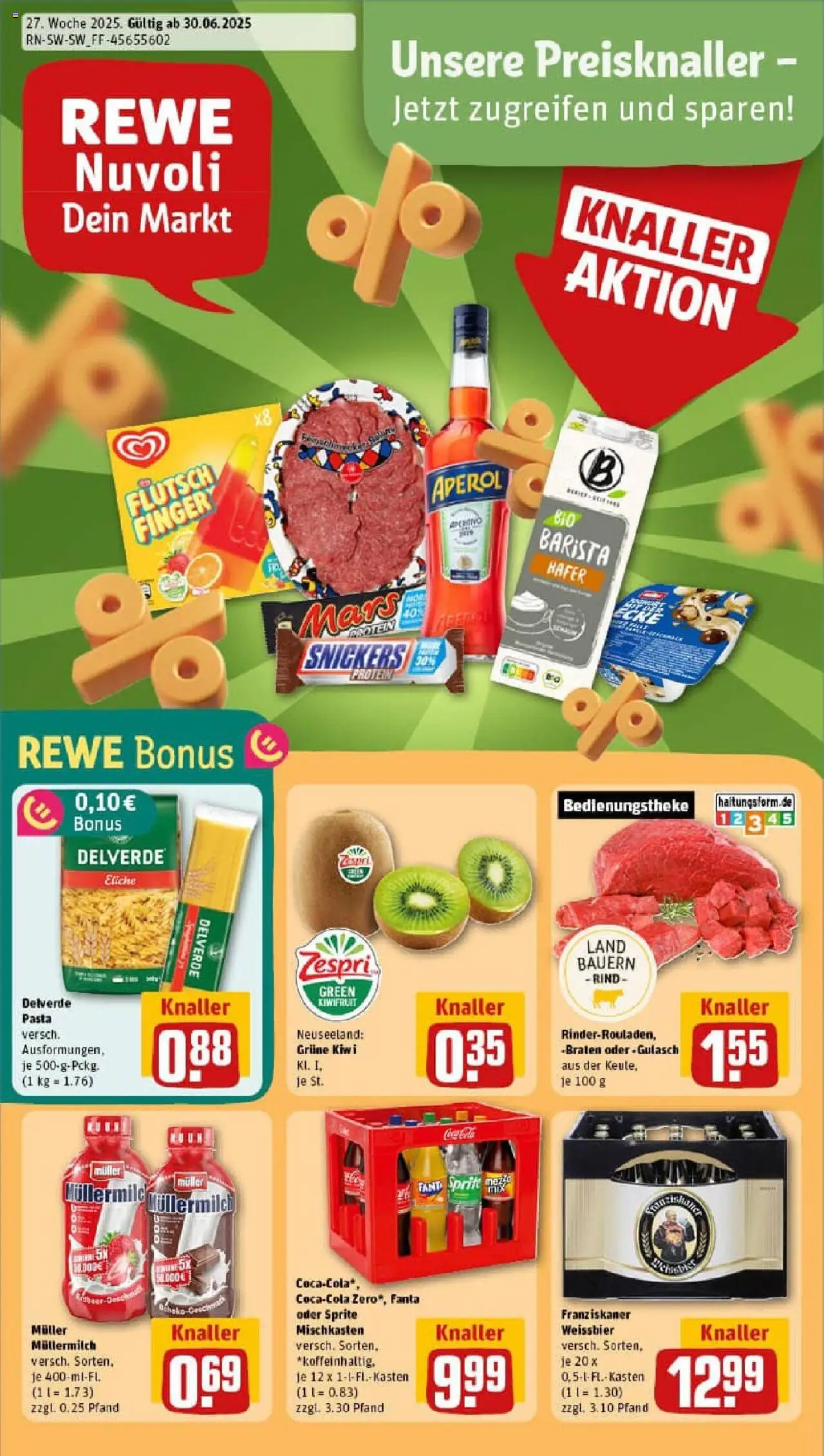 REWE Prospekt ab 29.06.2025 nächste Woche - Prospekt Stuttgart Bad Cannstatt - Pasta, Gulasch, Kiwi, Mars, Müllermilch, Sprite, Weißbier, Muller mullermilch
