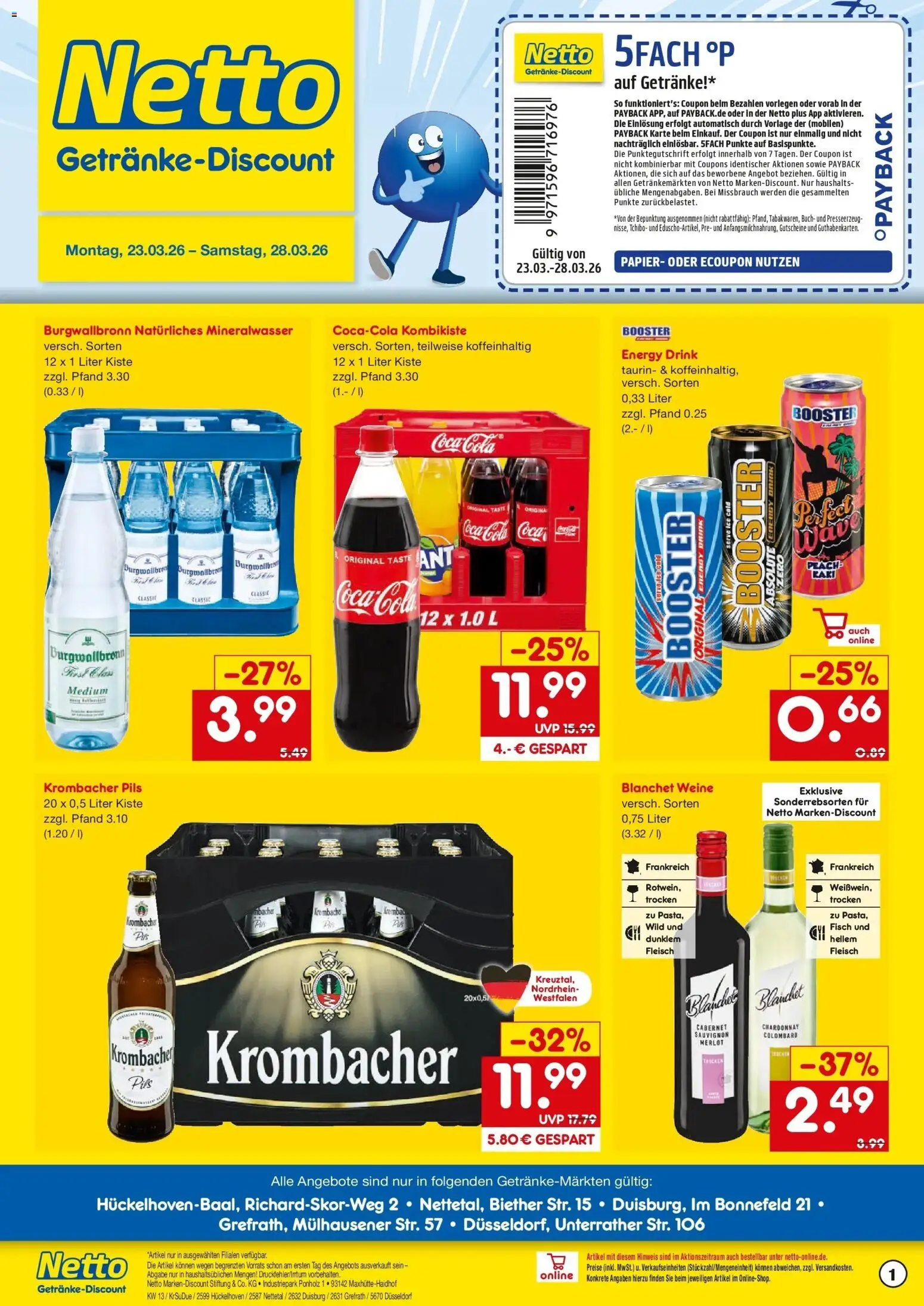 Vorschau von dem Prospekt des Geschäftes Netto Marken-Discount, gültig ab dem 23.03.2026 - Coca cola, Fisch, Cola, Mineralwasser, Krombacher, Fleisch, Energy, Merlot
