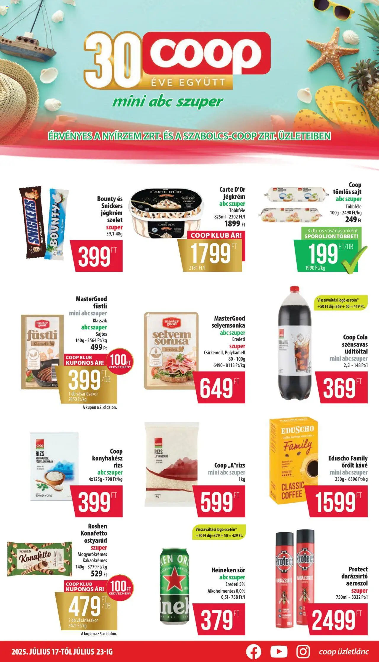 COOP aktuális szórólap, érvényes 2025.07.17.-től - 1 oldal - Heineken sör, Heineken, Cola, Sajt, Sör, Őrölt kávé, Jégkrém, Roshen