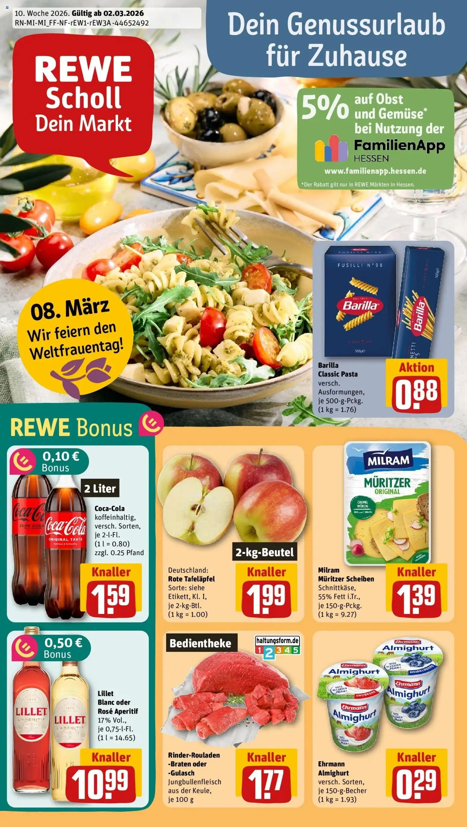 Vorschau von dem Prospekt des Geschäftes Rewe, gültig ab dem 02.03.2026 - Lillet, Pasta, Gulasch, Rinderrouladen, Obst, Barilla, Milram, Ehrmann almighurt