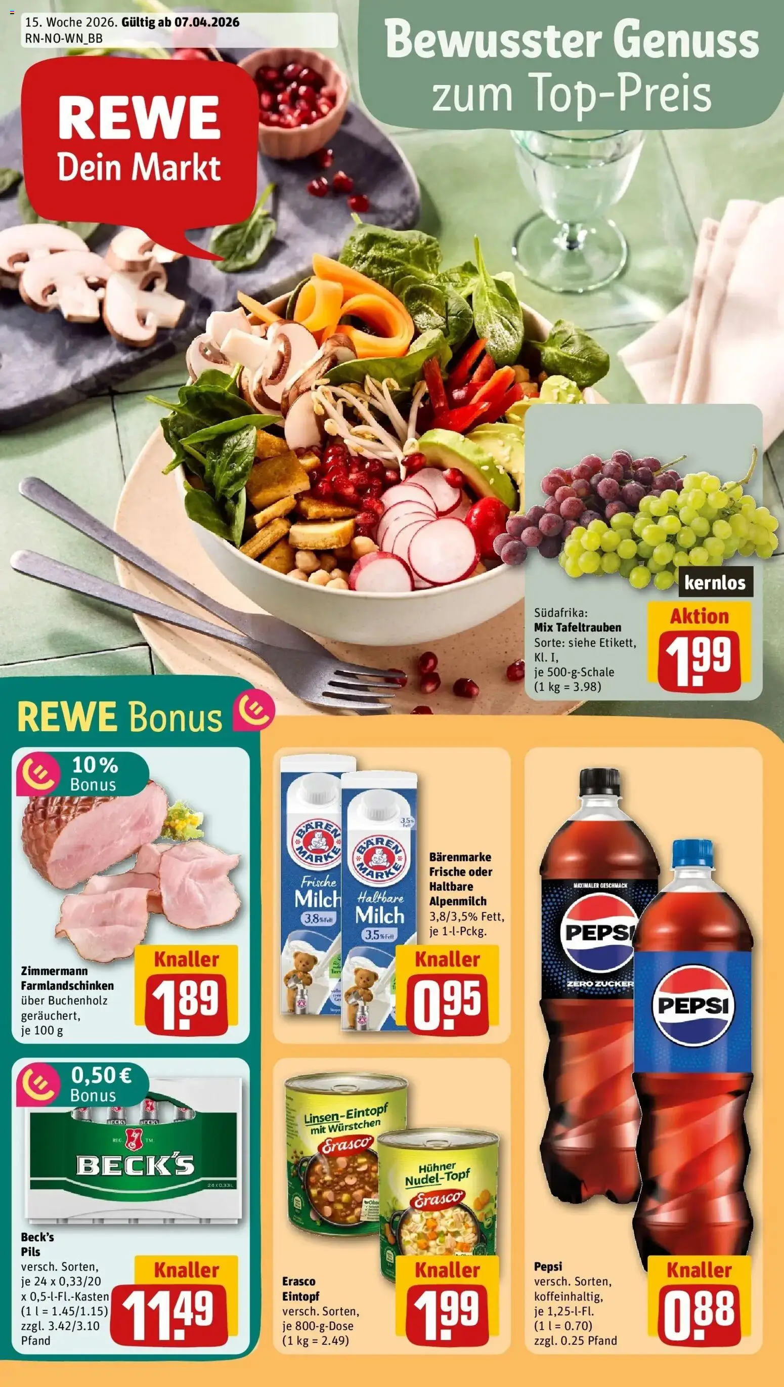 Vorschau von dem Prospekt des Geschäftes Rewe, gültig ab dem 05.04.2026 - Cola, Milch, Zucker, Pepsi, Pils, Erasco