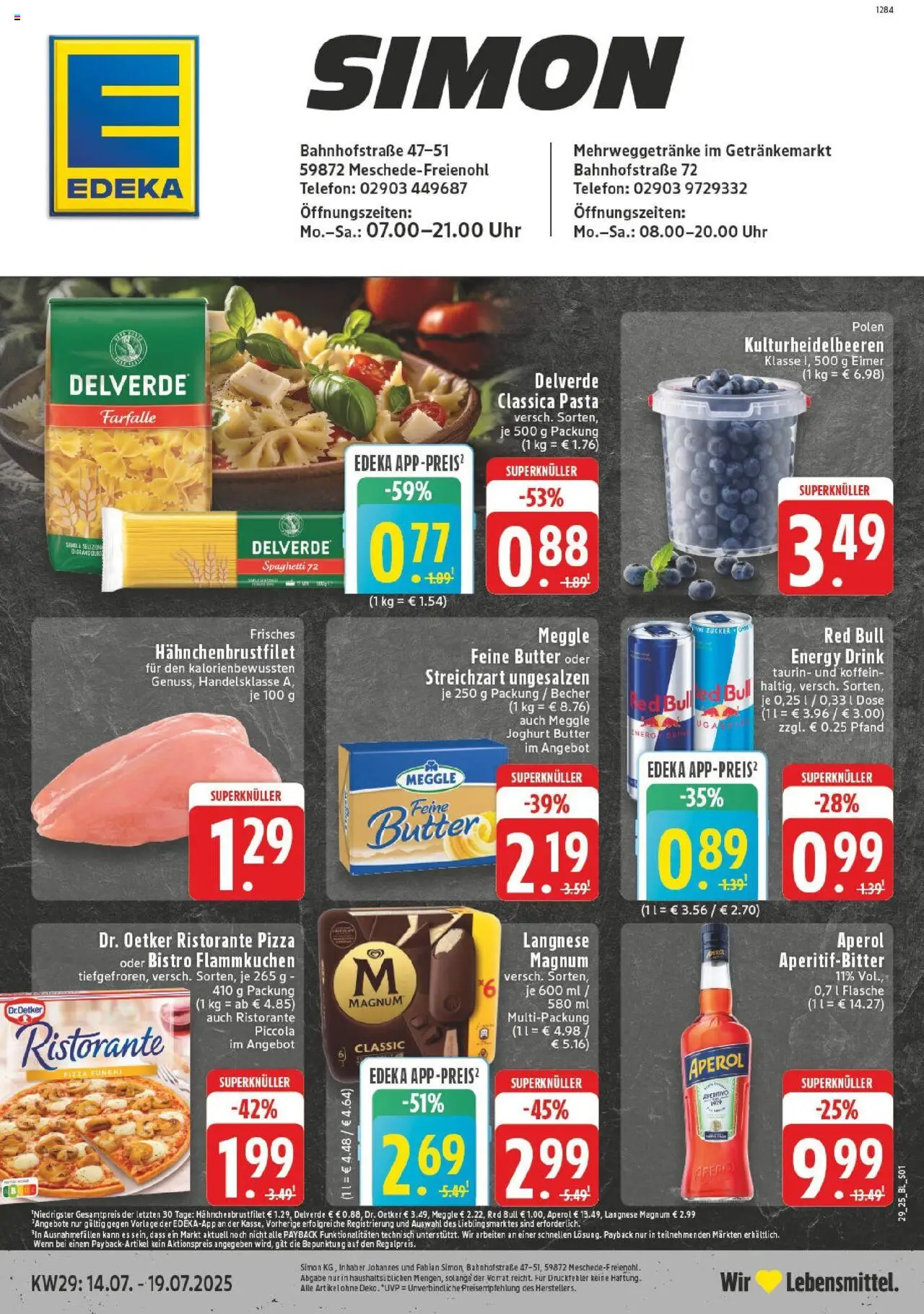 EDEKA Prospekt ab 13.07.2025 - Prospekt Meschede - Freienohl Online - Uhr, Red bull, Pasta, Aperol, Spaghetti, Zucker, Energy, Langnese